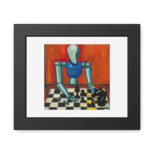 Robot humanoïde jouant aux échecs dans le style de Matisse 'Designed by AI' Poster encadré en bois en papier mat classique