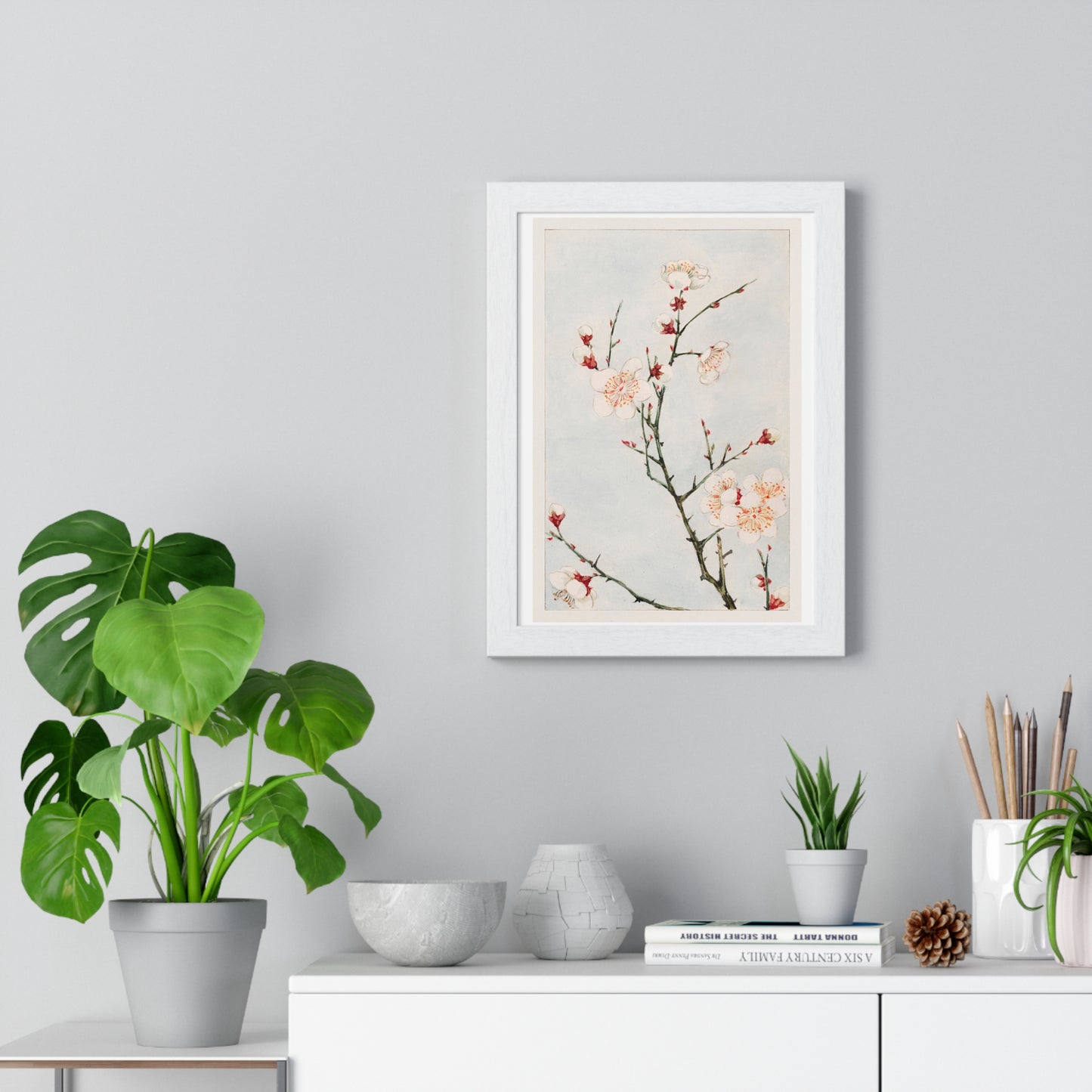 Plum Branches with Blossoms (1870–1880) by Megata Morikaga, from the Original, Framed Art Print