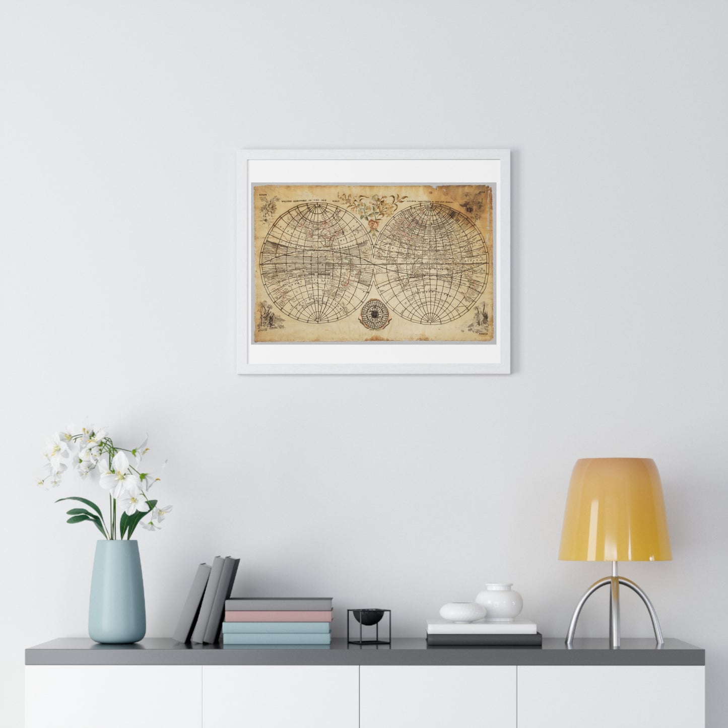 Antique Textile World Map Sampler (1790s) from the Original, Framed Print