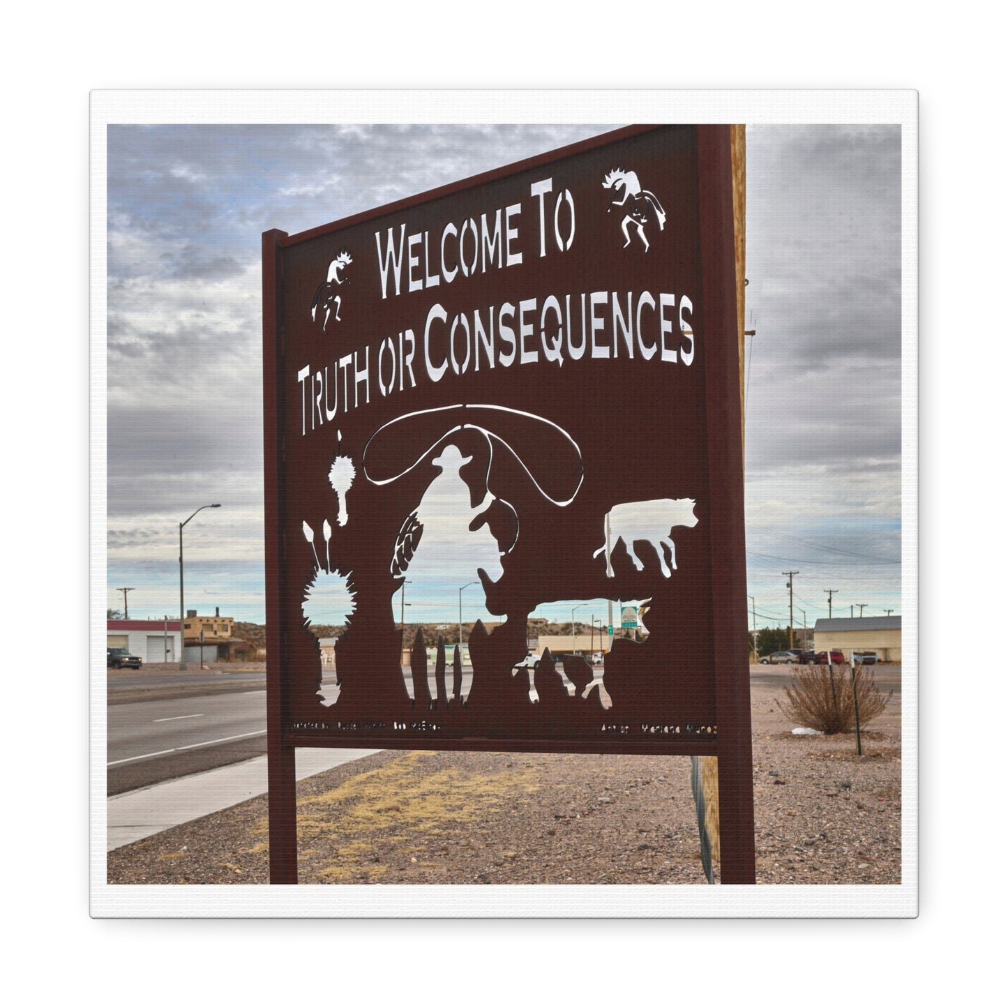 Silhouetted Welcome Sign on the Outskirts of Truth or Consequences, New Mexico, Print on Canvas