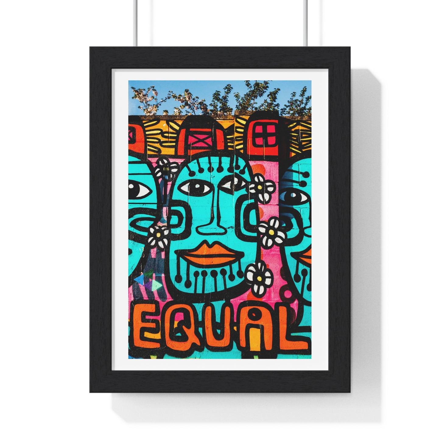 Brightly Coloured Urban Graffiti Mural Artwork, Tribal Faces (2017) Location Unknown, Framed Art Print