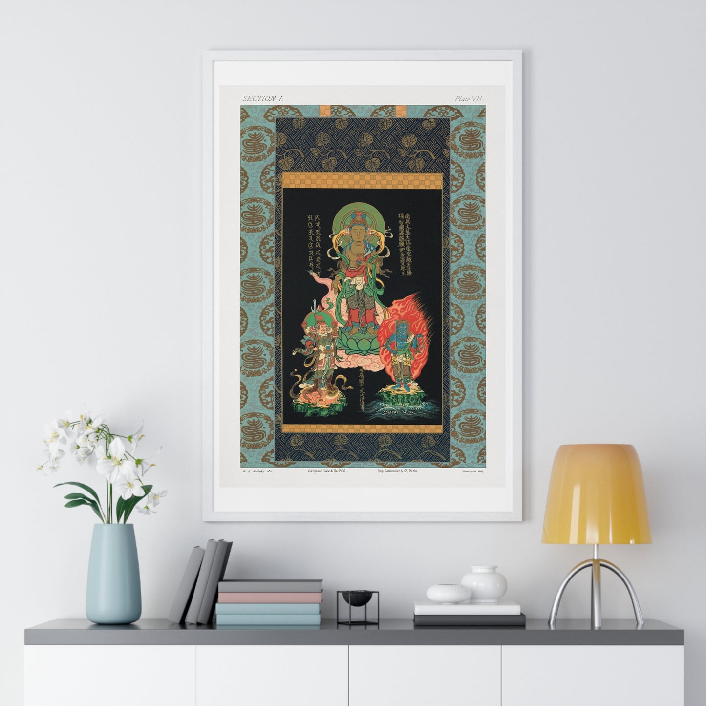 Bodhisattva and Two Gods, Vintage Japanese Painting by George Ashdown Audsley, from the Original, Framed Print