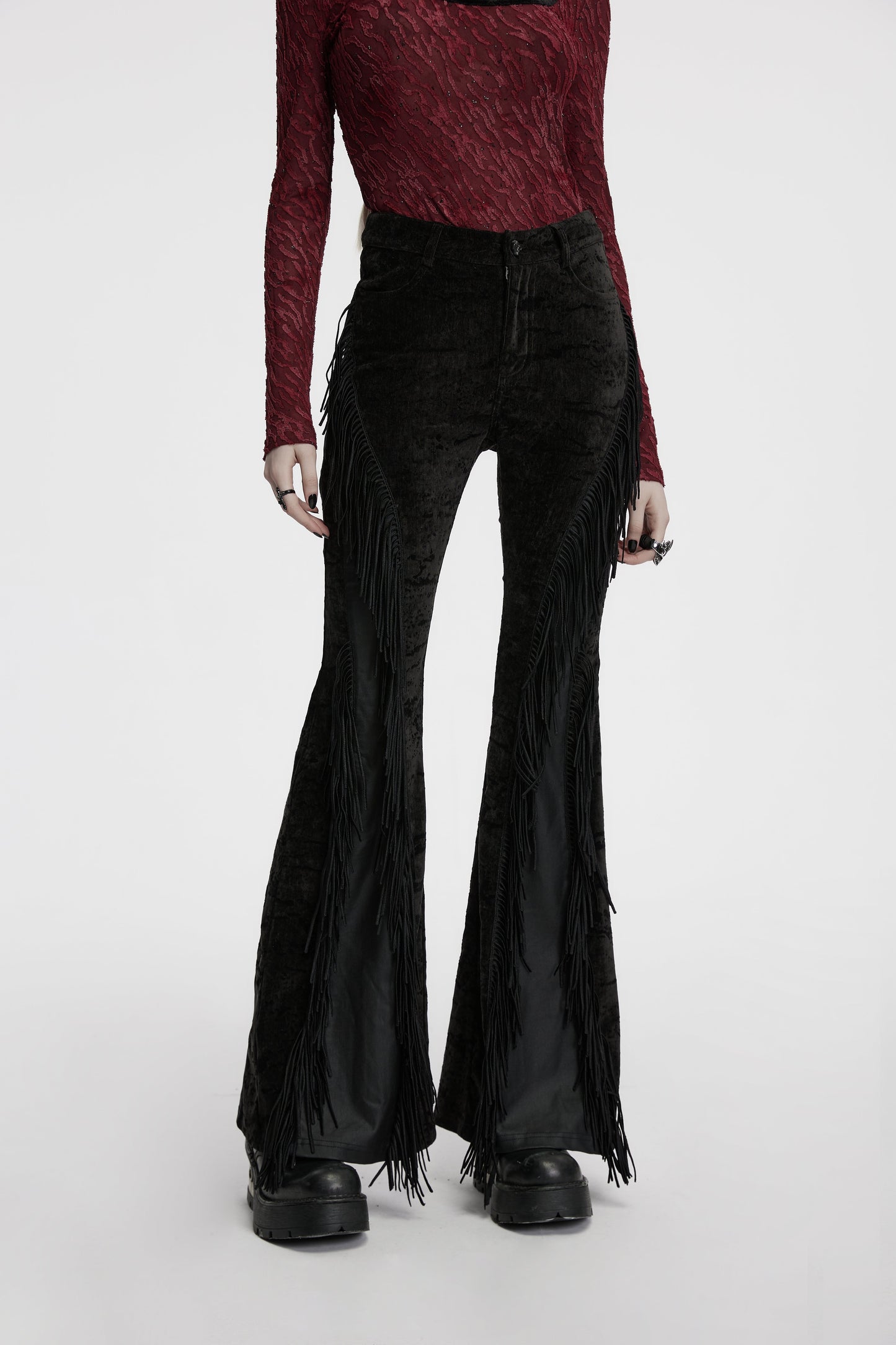Punk Rave Morrigan Wasteland Tassel Flare Goth Pants in Black