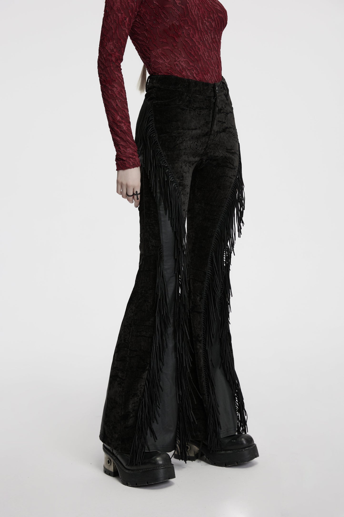 Punk Rave Morrigan Wasteland Tassel Flare Goth Pants in Black