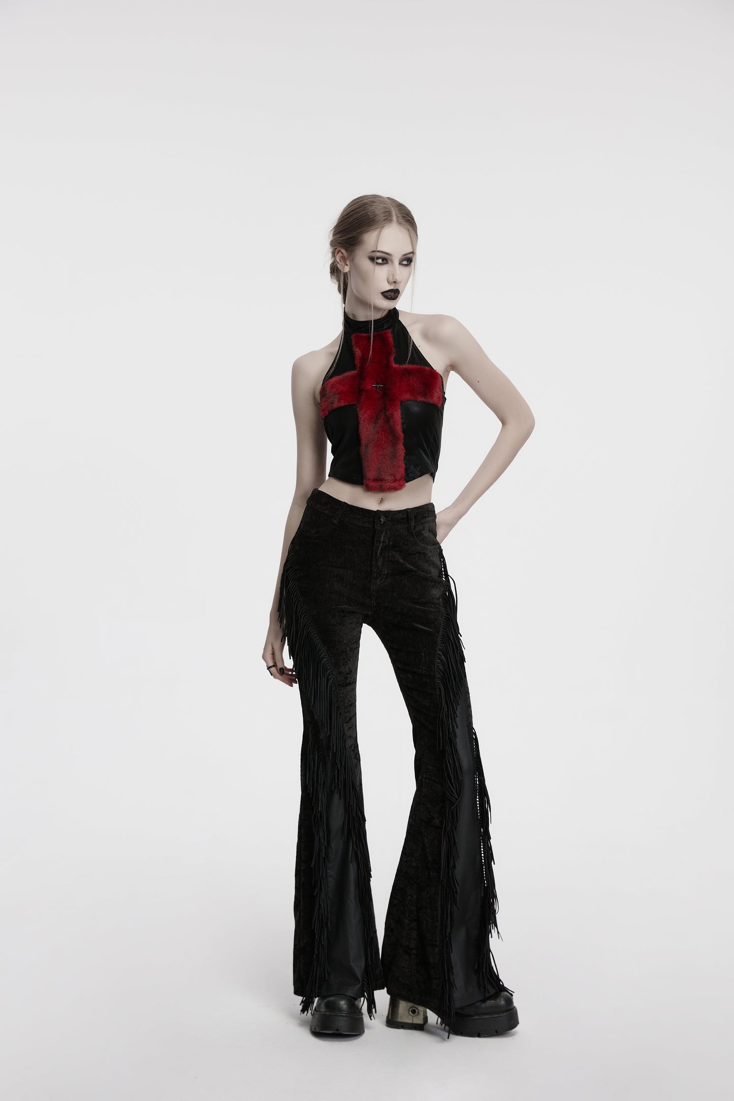 Punk Rave Morrigan Wasteland Tassel Flare Goth Pants in Black