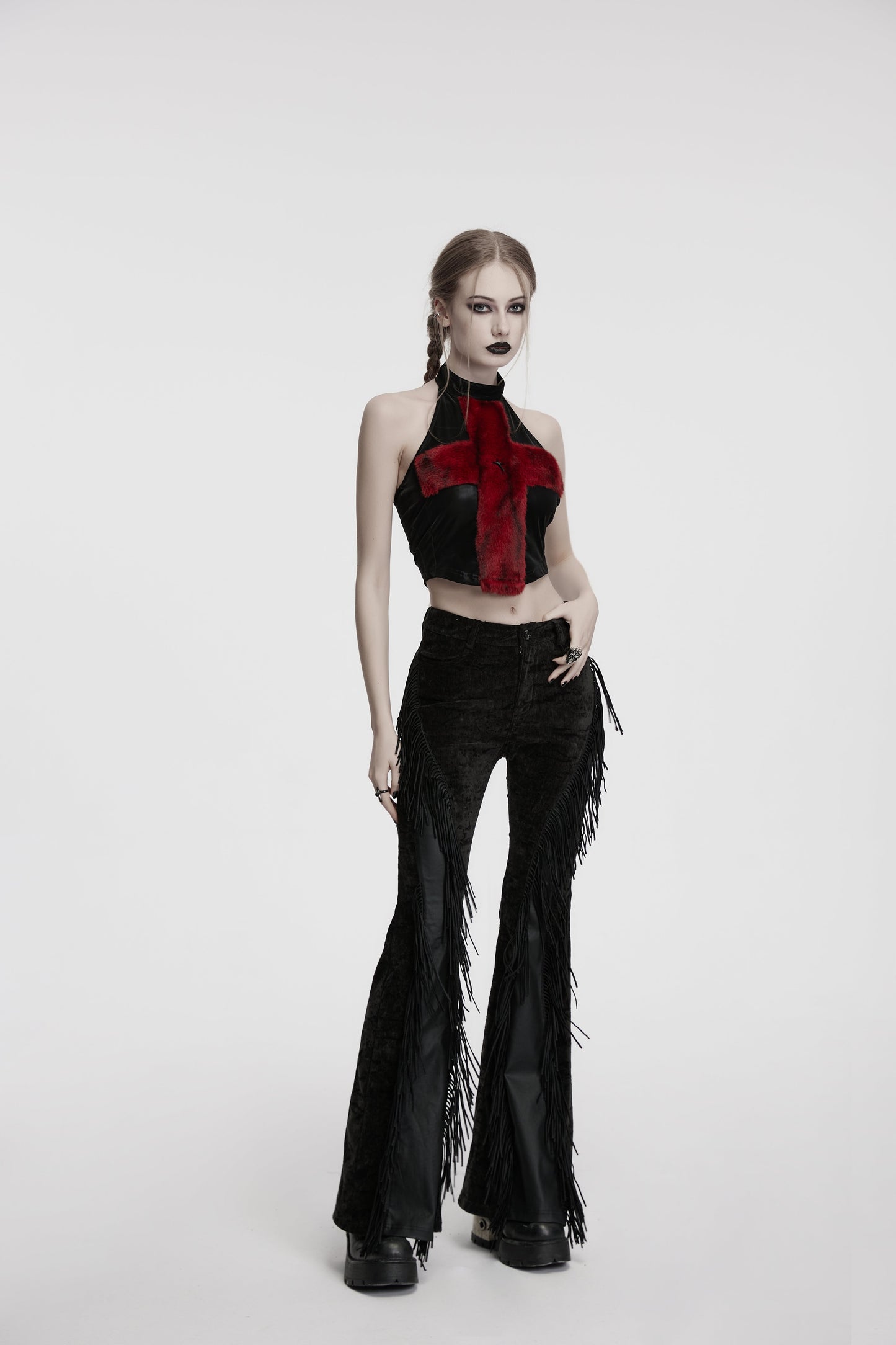 Punk Rave Morrigan Wasteland Tassel Flare Goth Pants in Black