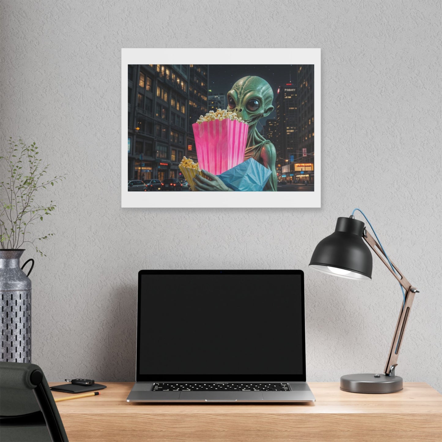 Alien Watching the Planet Earth Show 'Designed by AI' Satin Canvas Art Print