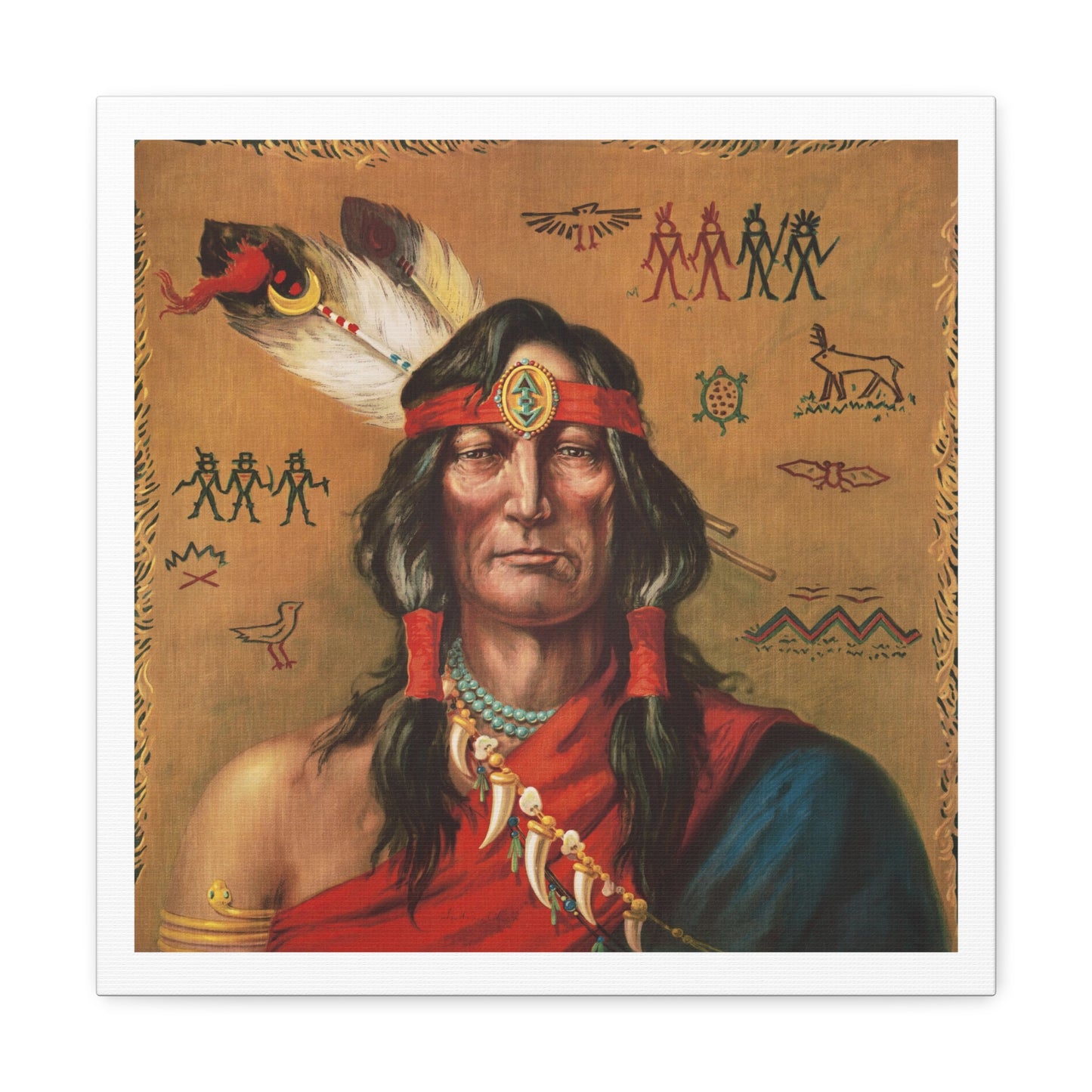 Indian Chief Portrait Illustration, Art Print from the Original on Canvas