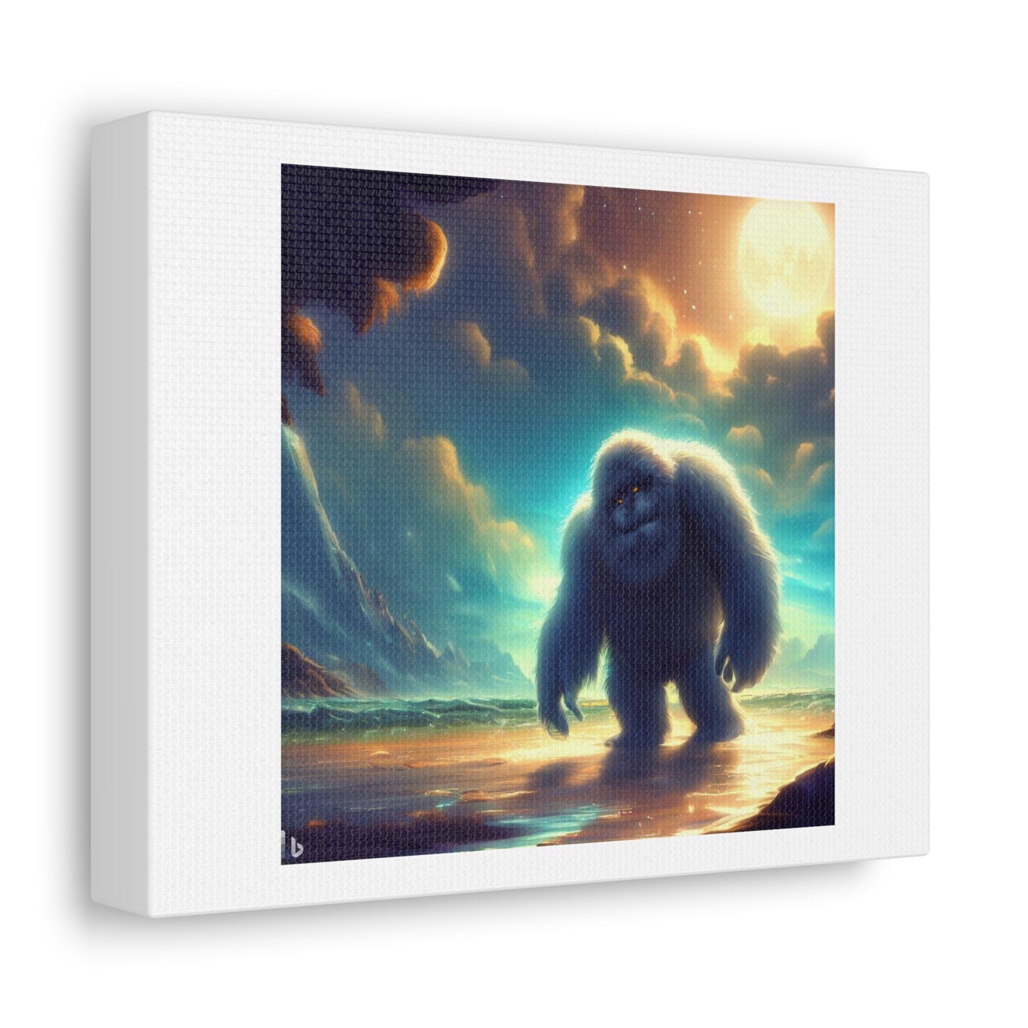 Epic Adorable Yeti On The Beach, Mystical Glowing Sea Cinematic Art ByThomas Kinkade 'Designed by AI' Print on Canvas