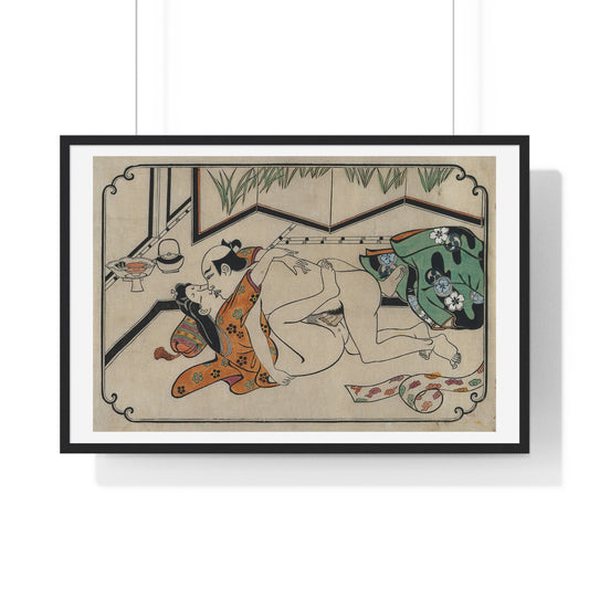 Middle-Aged Couple Making Love, Coloured Reproduction of a Woodcut by Moronobu (1680s) Framed Art Print