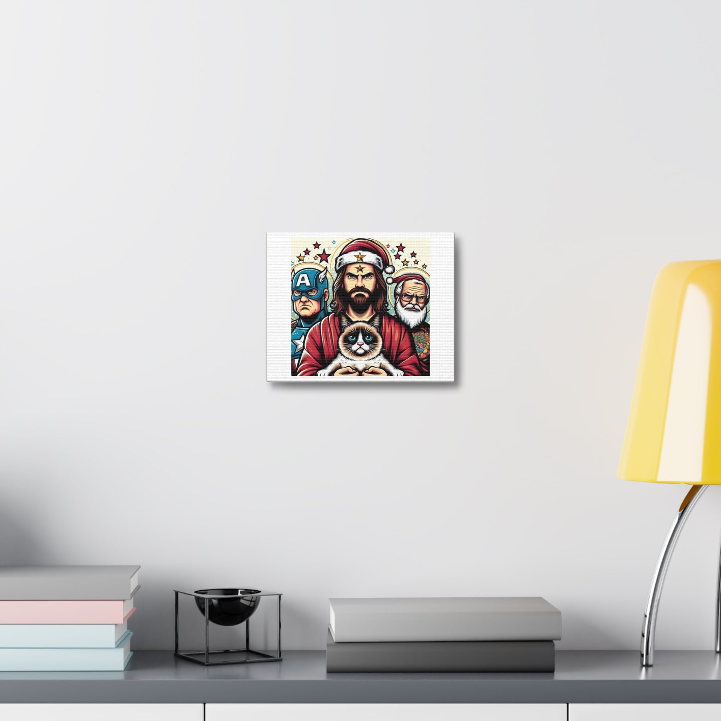 Jesus as a Superhero with a Cat on his Lap II, Cartoon Art Print 'Designed by AI' on Canvas
