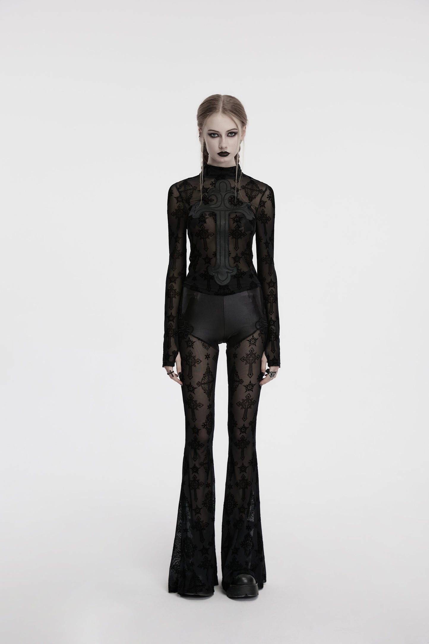 Punk Rave Morrigan Cross-Embroidered Mesh Top