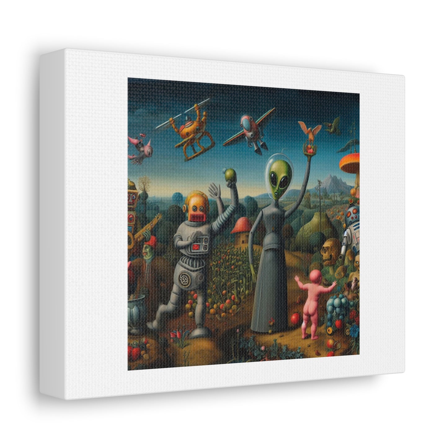 The Garden of Earthly Delights By Hieronymus Bosch Featuring Robots Aliens and Humans Art Print 'Designed by AI' on Satin Canvas