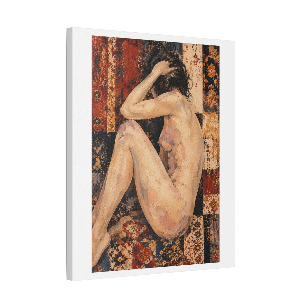 Textured Contemplative Figure Against Ornate Tapestry, Art Print on Satin Canvas, Stretched
