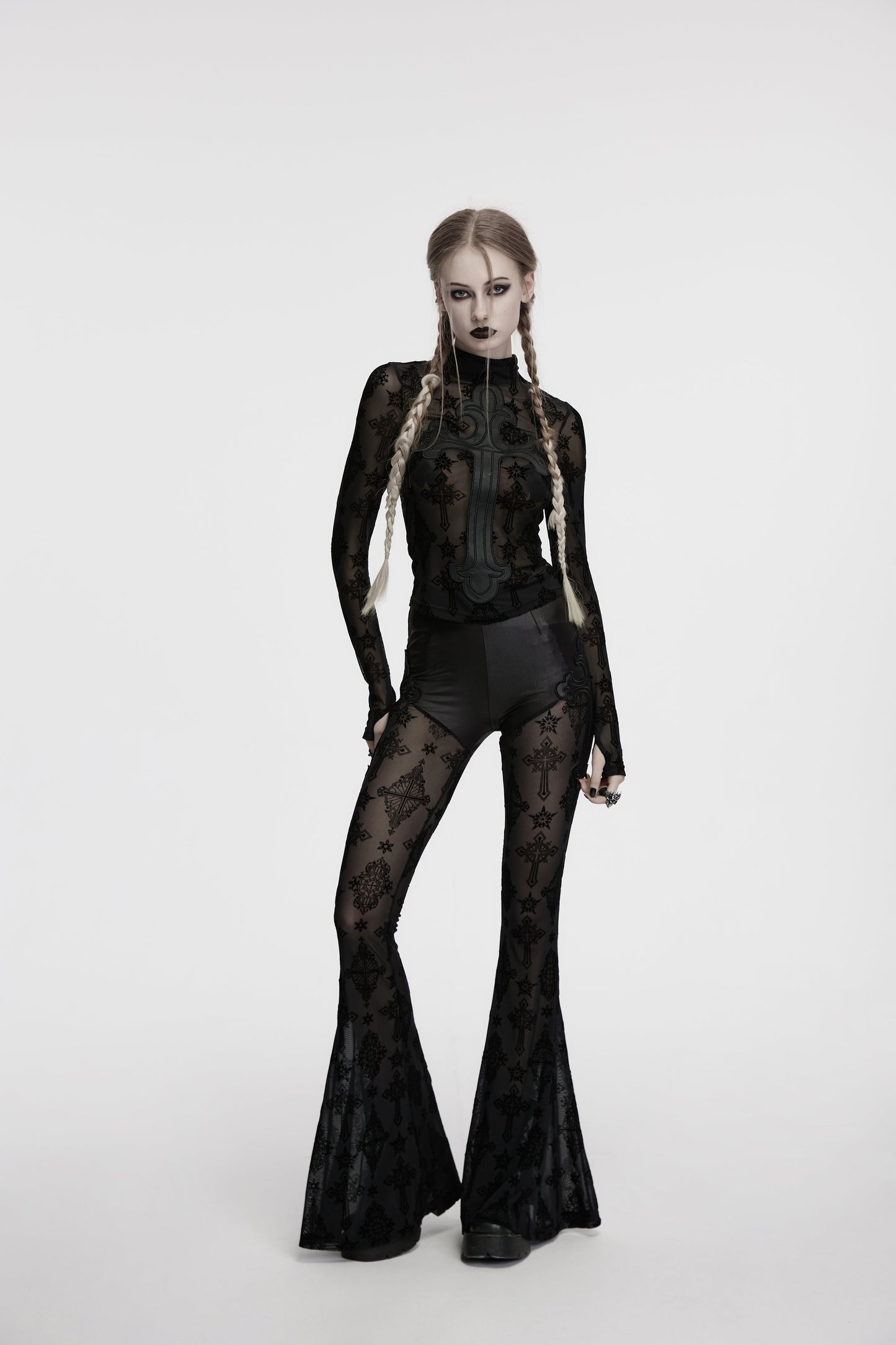Punk Rave Morrigan Cross-Embroidered Mesh Top