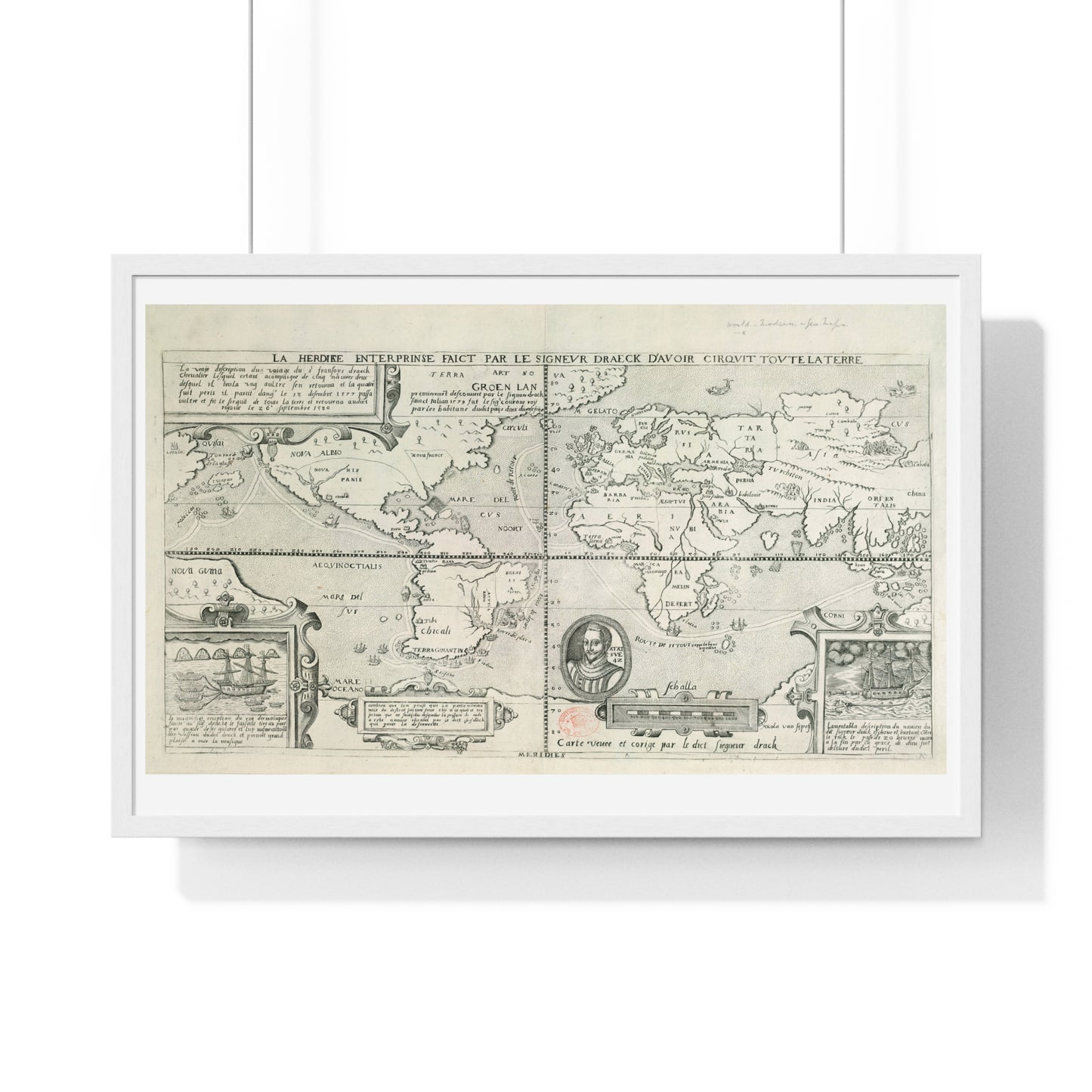 Francis Drake's World Voyage, Tudor Antique Map (circa 1581) from the Original, Framed Print