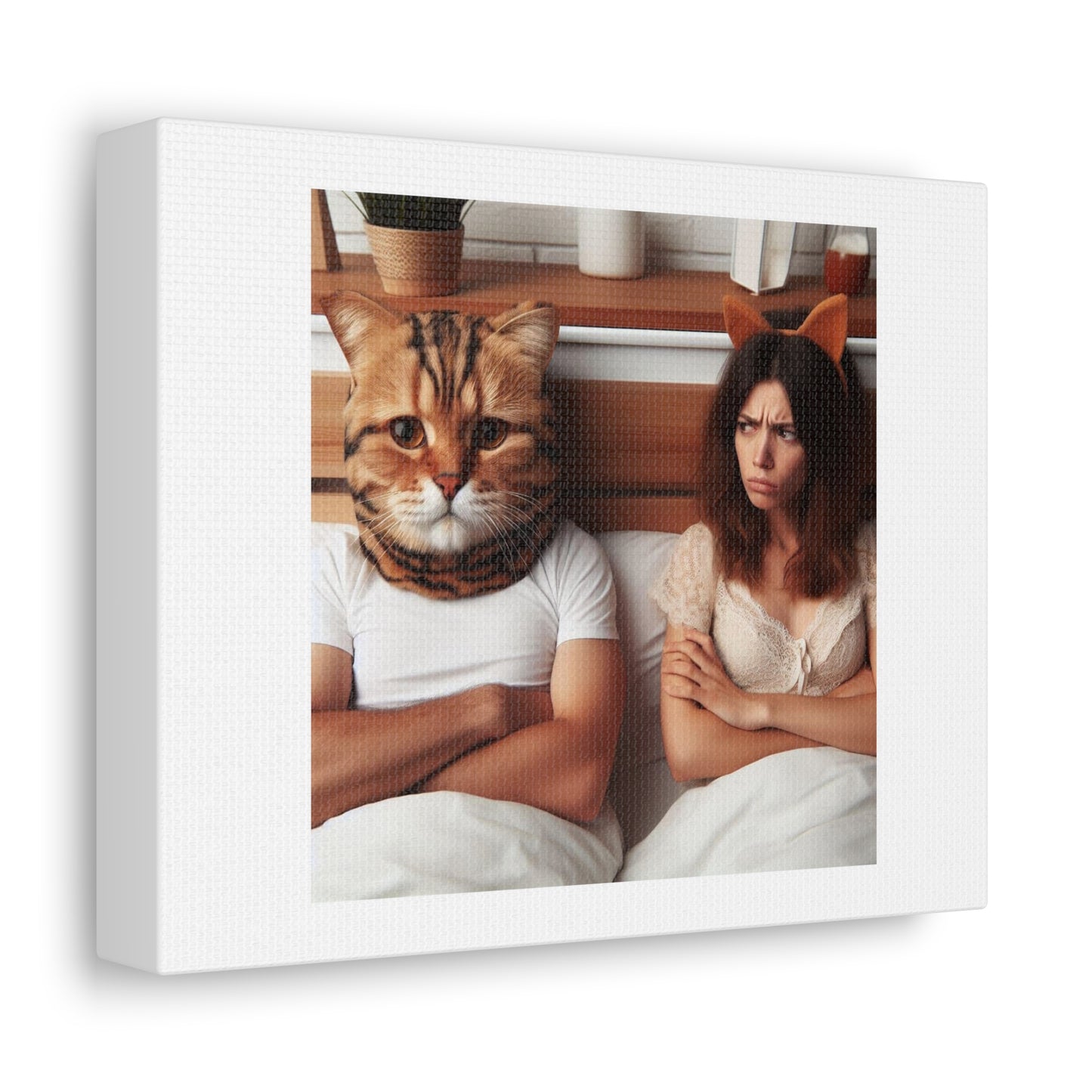 Art Print 'A Day in the Life of a Man Who Has a Cat Head' Designed by AI on Satin Canvas