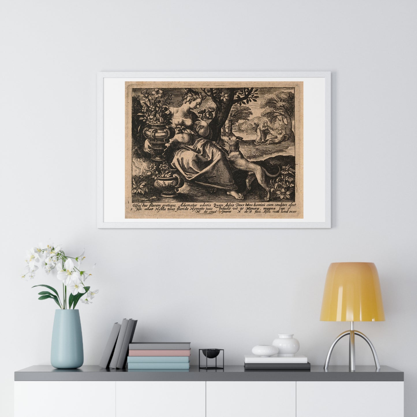 Woman in a Garden with Flowers, God Blows Spirit into Adam's Body, Reproduction Flemish Engraving, Framed Art Print