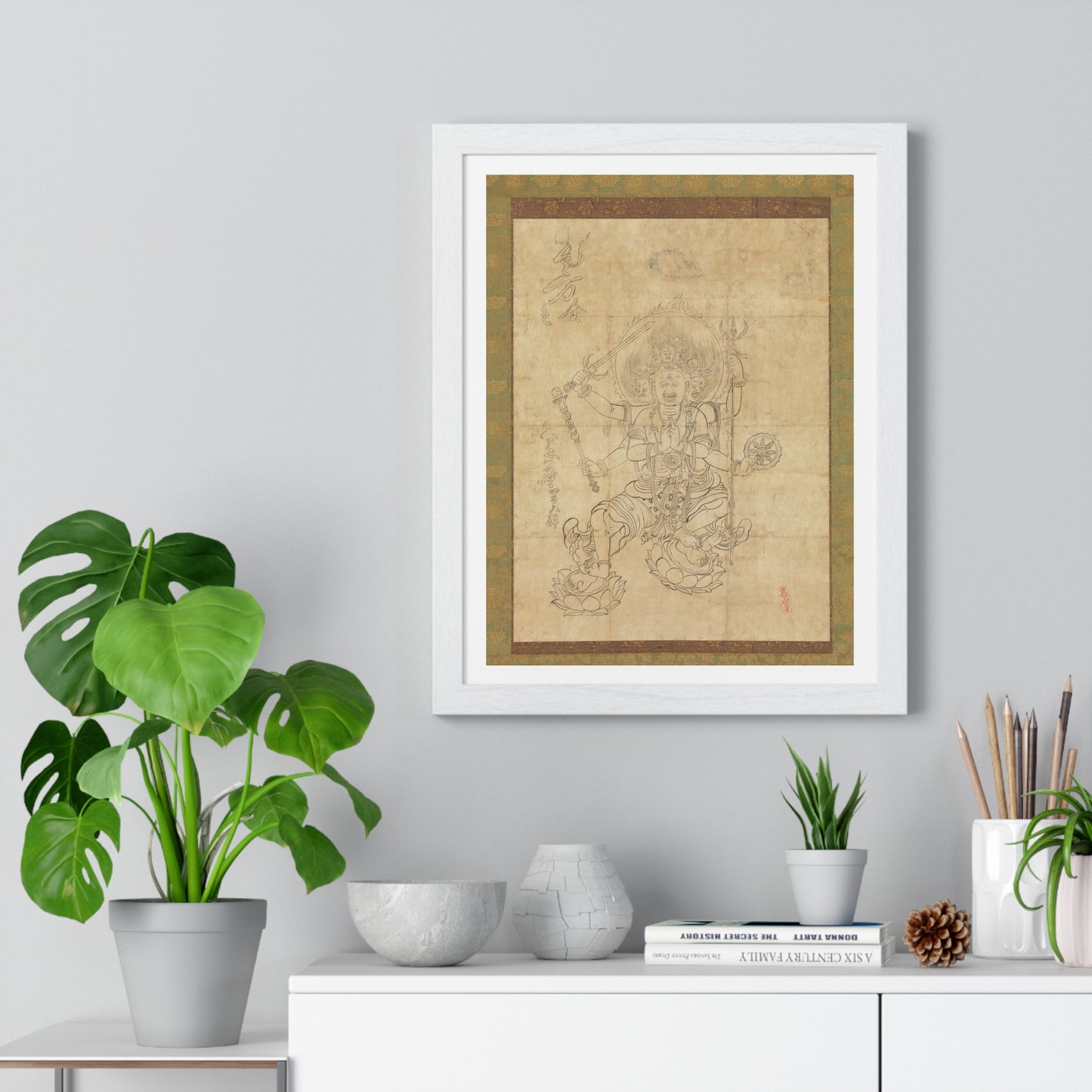 Antique Japanese Drawing of the Wisdom King Daiitoku (Daiitoku Myōō) from the Original, Framed Art Print