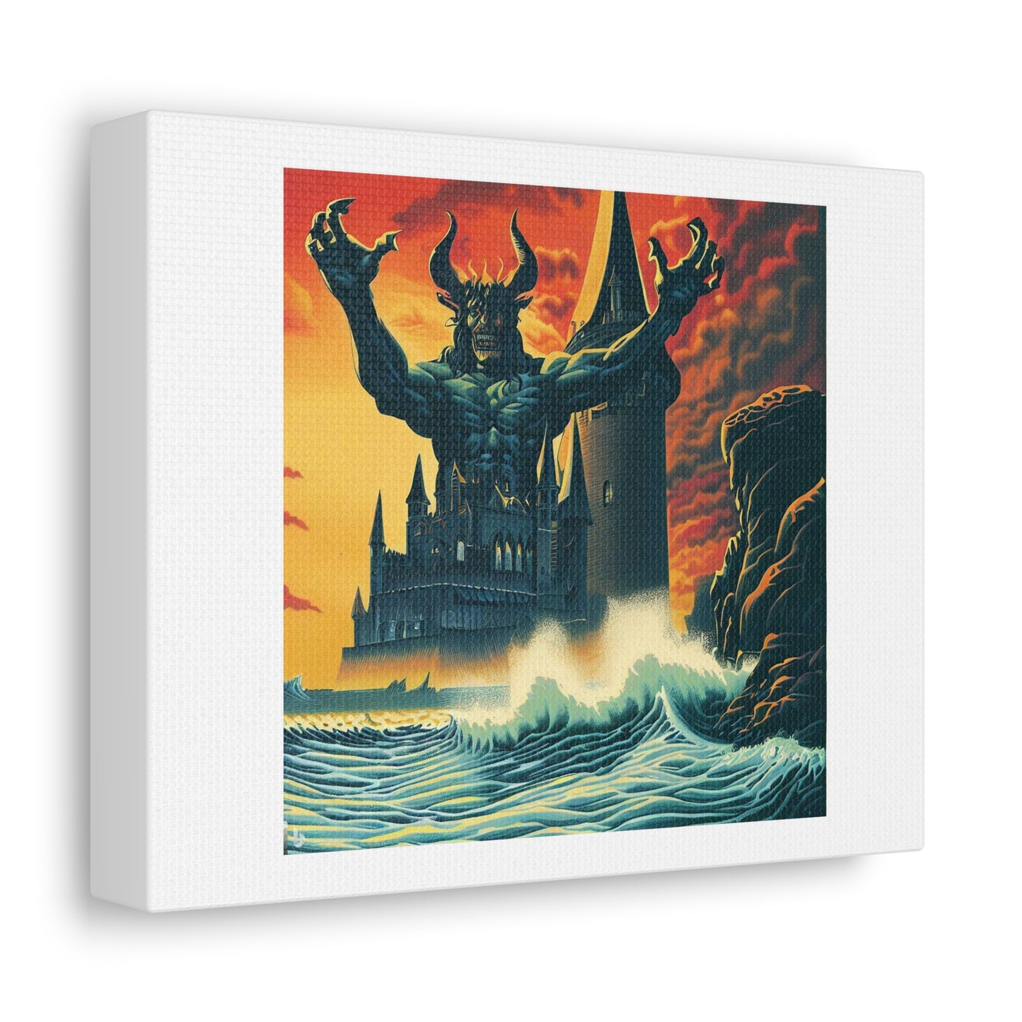 Illustration In The Style Of Dio's Holy Diver Album Cover Gothic Castle On the Beach With Crashing Ocean Waves 'Designed by AI' Print on Canvas