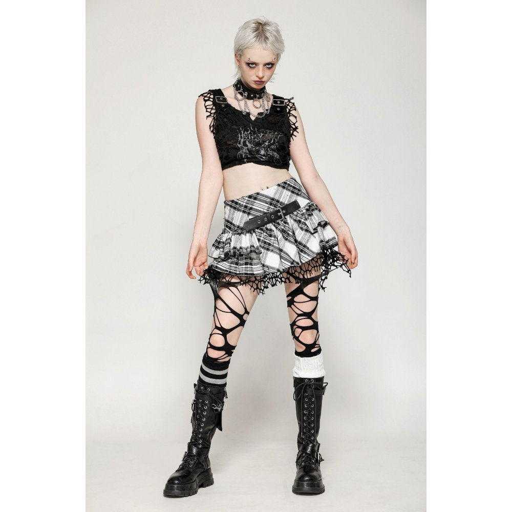 Dark in Love Quinn Punk Black and White Checkered Asymmetrical Messy Net Skirt