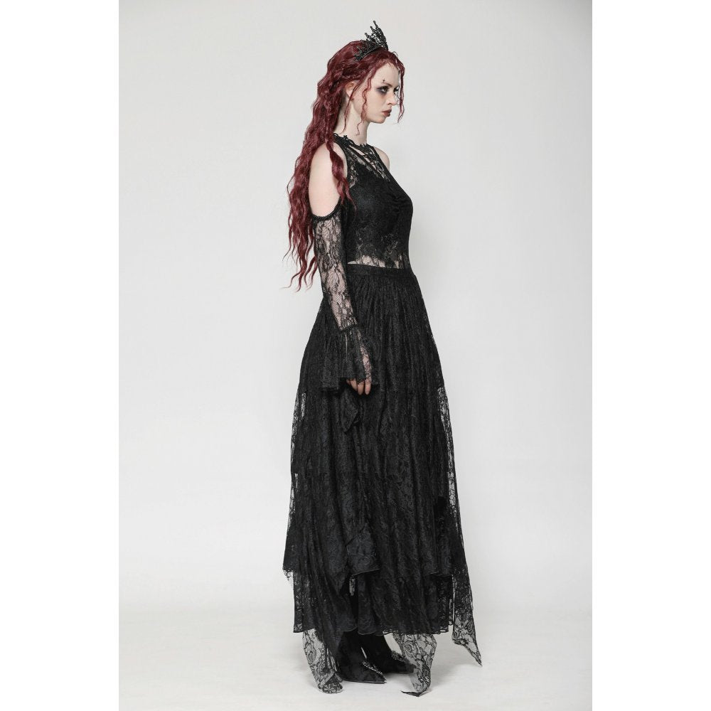 Dark in Love Carys Black Gothic Asymmetrical Lace Off-Shoulder Dress with Rhinestone Detail