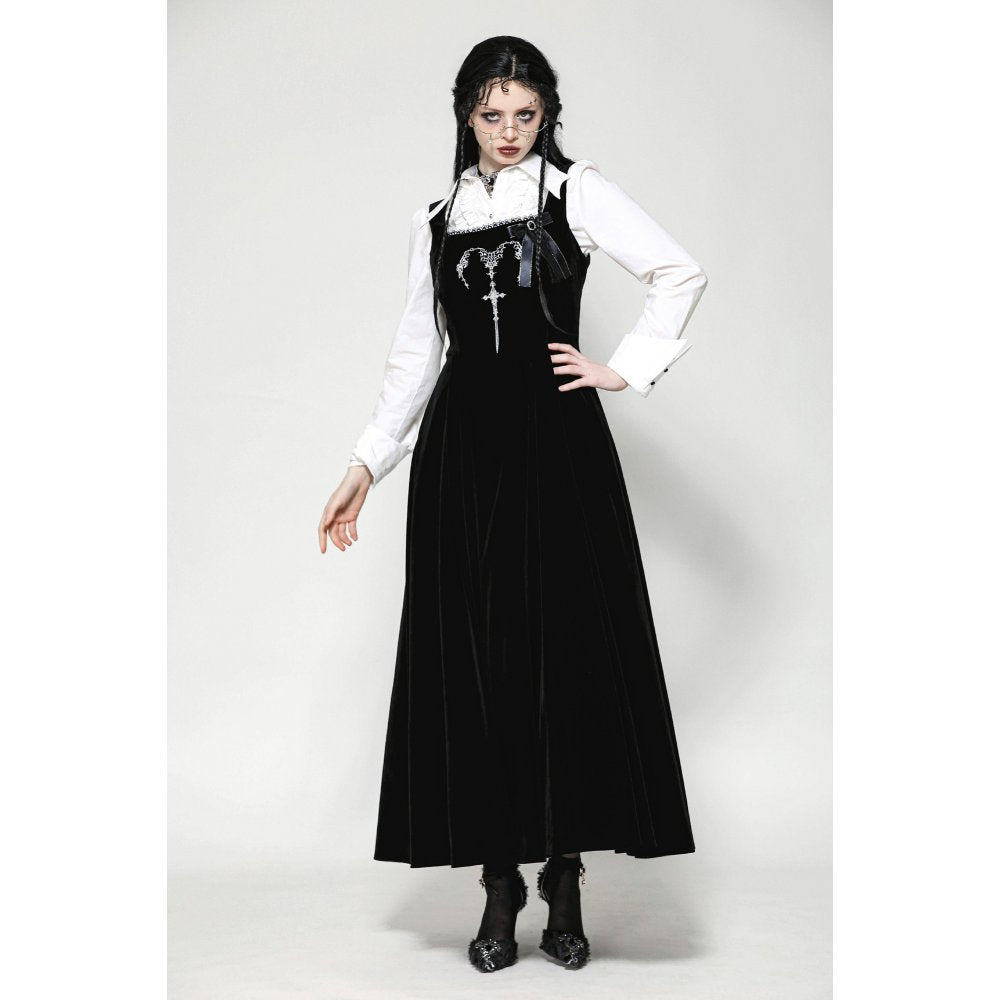 Dark in Love Lux Black Velvet Horn Embroidery Maxi Dress