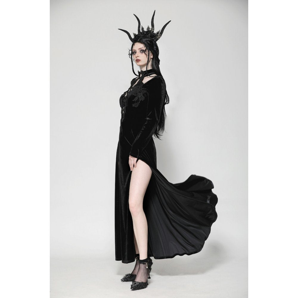 Dark in Love Vera Gothic Velvet High-Slit Maxi Dress with Hollow Neckline, Embroidered Buttons