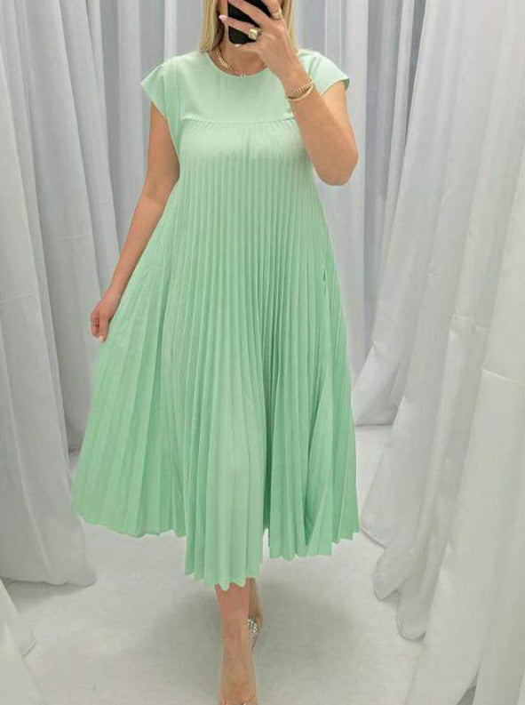 Vireous Sleeveless Pleated Long Dress Round Neck, Multi Colours, Spring and Summer Collection