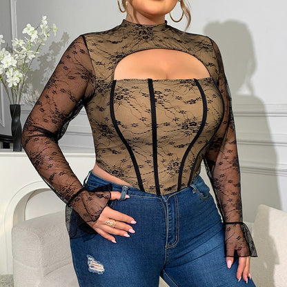 Mesh Low-Cut Fishbone Long-Sleeve Women's Bustier Top, Plus Sizes