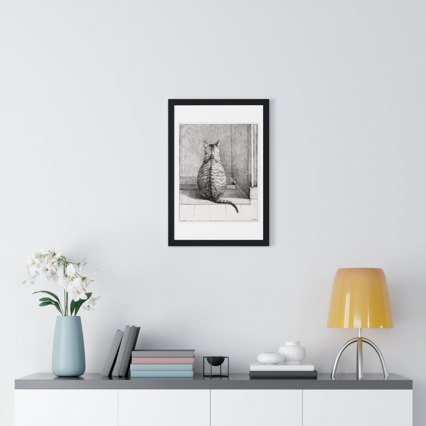 Sitting Cat From Behind (1812) Drawing by Jean Bernard, from the Original, Framed Print