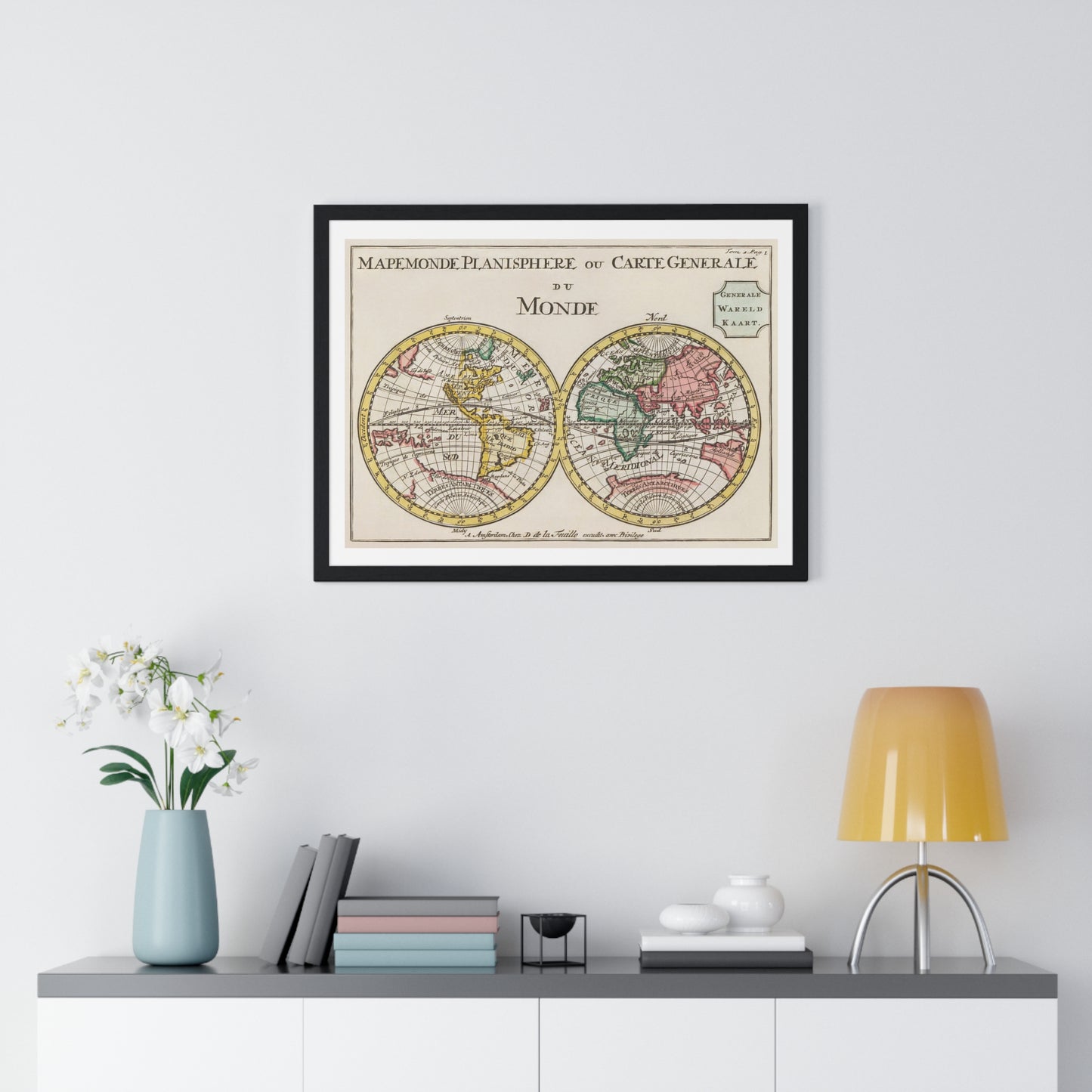 Wereldkaart Mapemonde, Planisphere ou Carte Generale du Monde (1735) by Daniel de Lafeuilledelete, from the Original, Framed Art Print