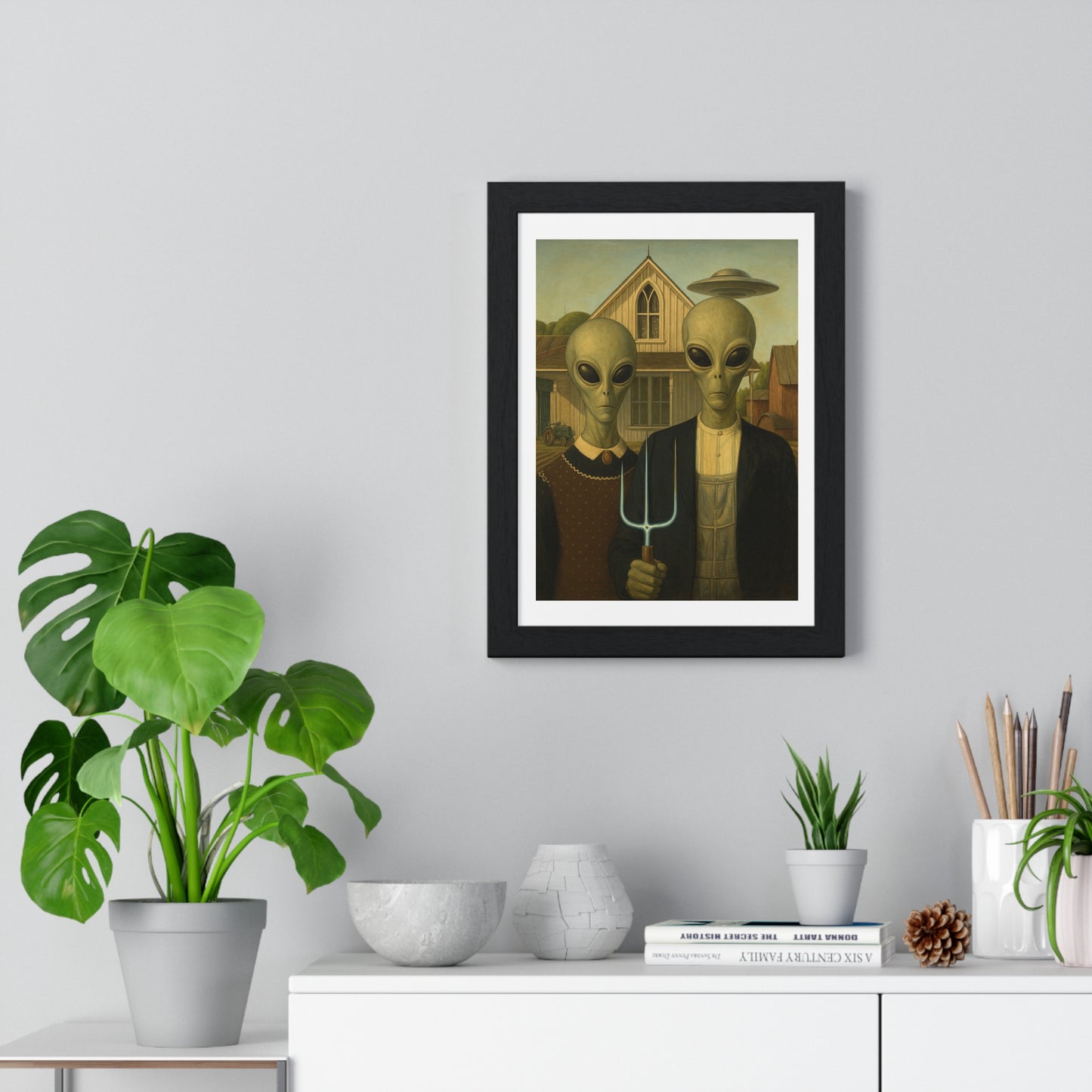 American Gothic Remixed, Midwestern American Aliens 'Designed by AI', Framed Art Print