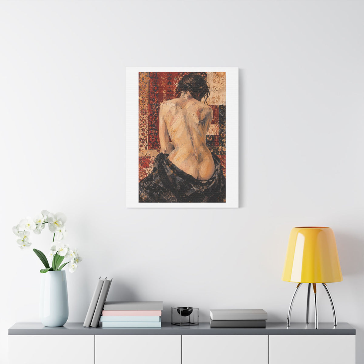 Textured Tapestry Portrait from Behind, Art Print on Satin Canvas, Stretched