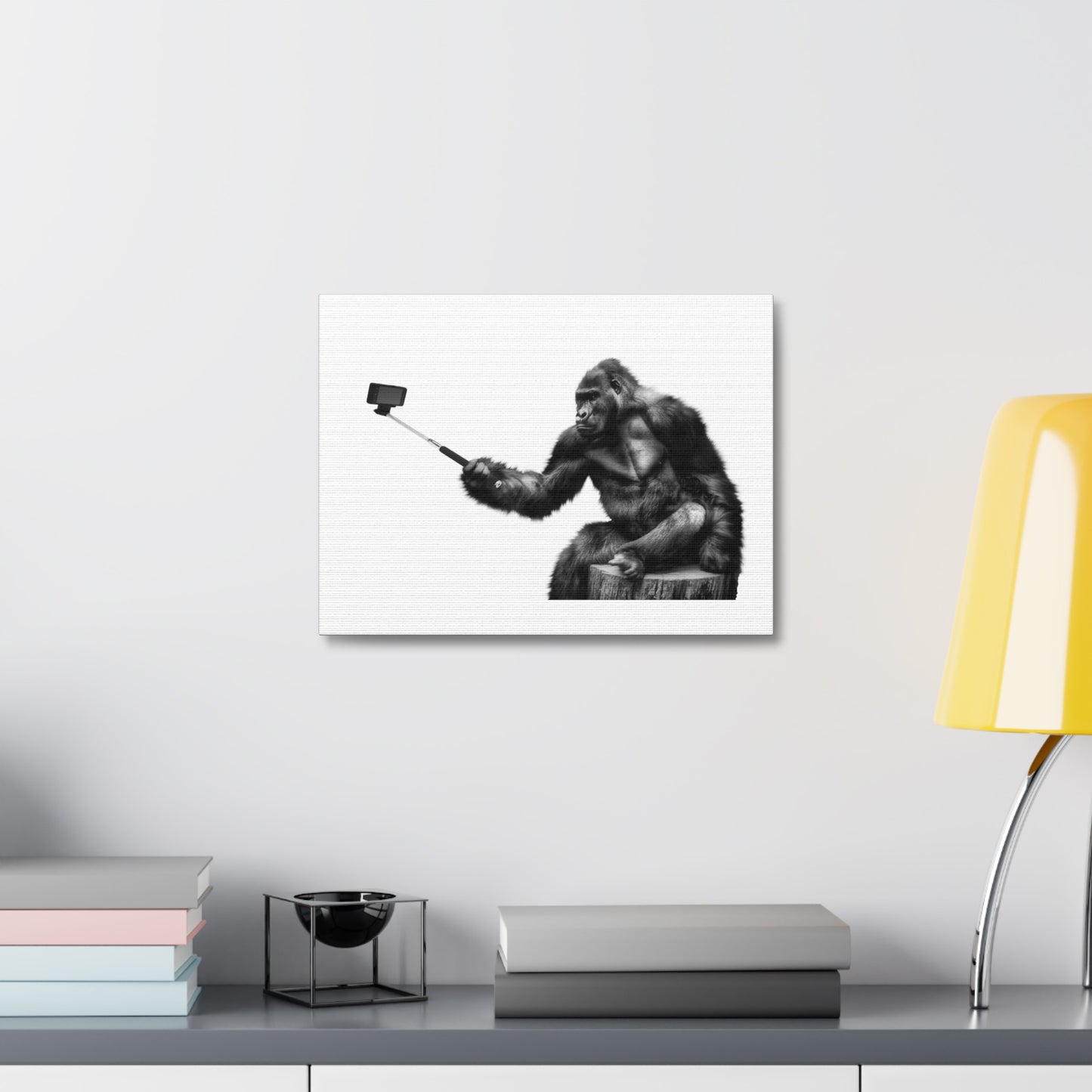 Gorilla with Selfie Stick, Absudist Art Print on Satin Canvas