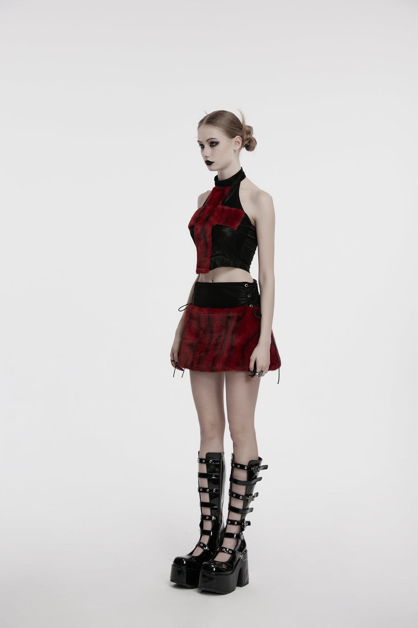 Punk Rave Valora Cross Fur Halter Top In Crimson