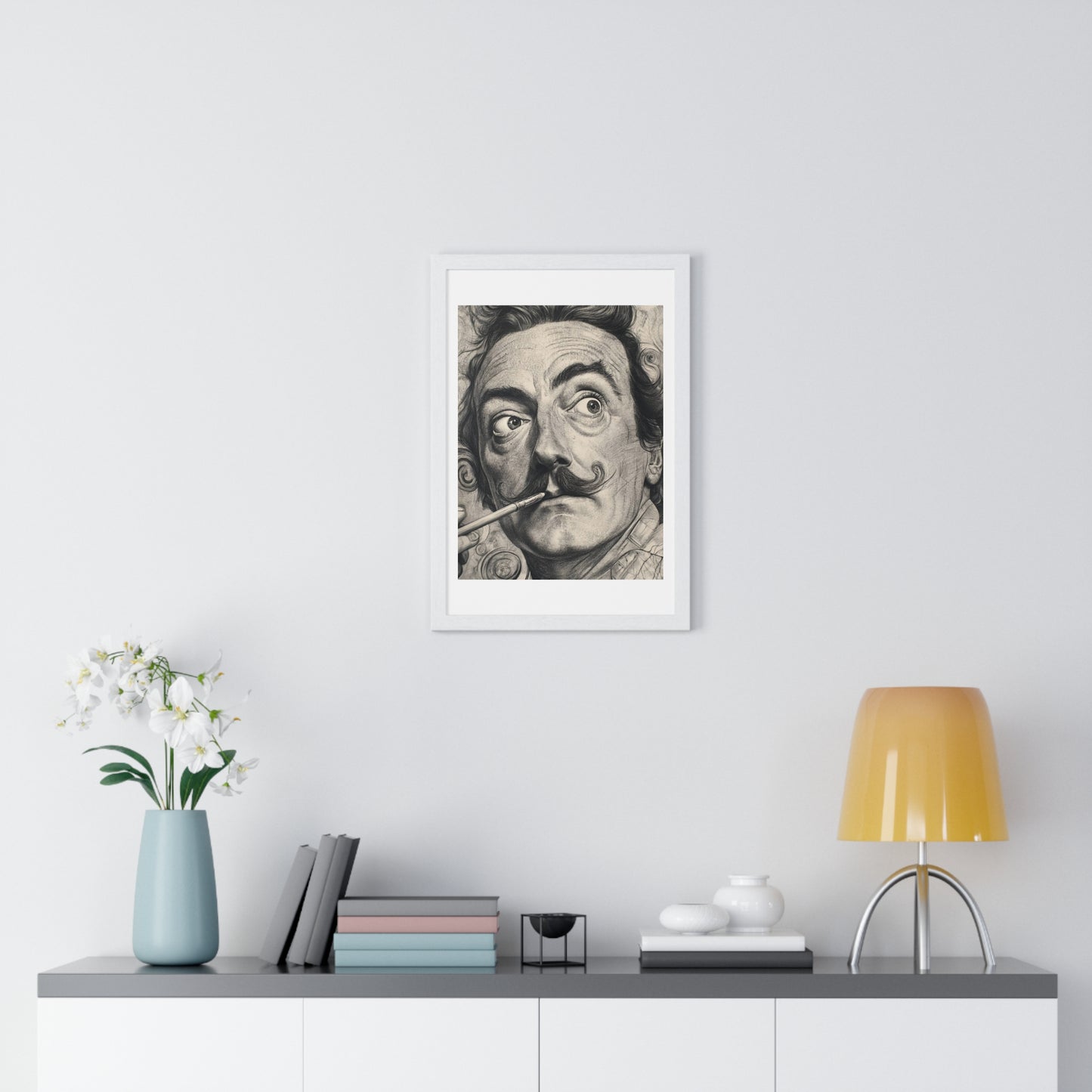 Salvador Dali Portrait, Pencil Sketch 'Designed by AI' Framed Art Print