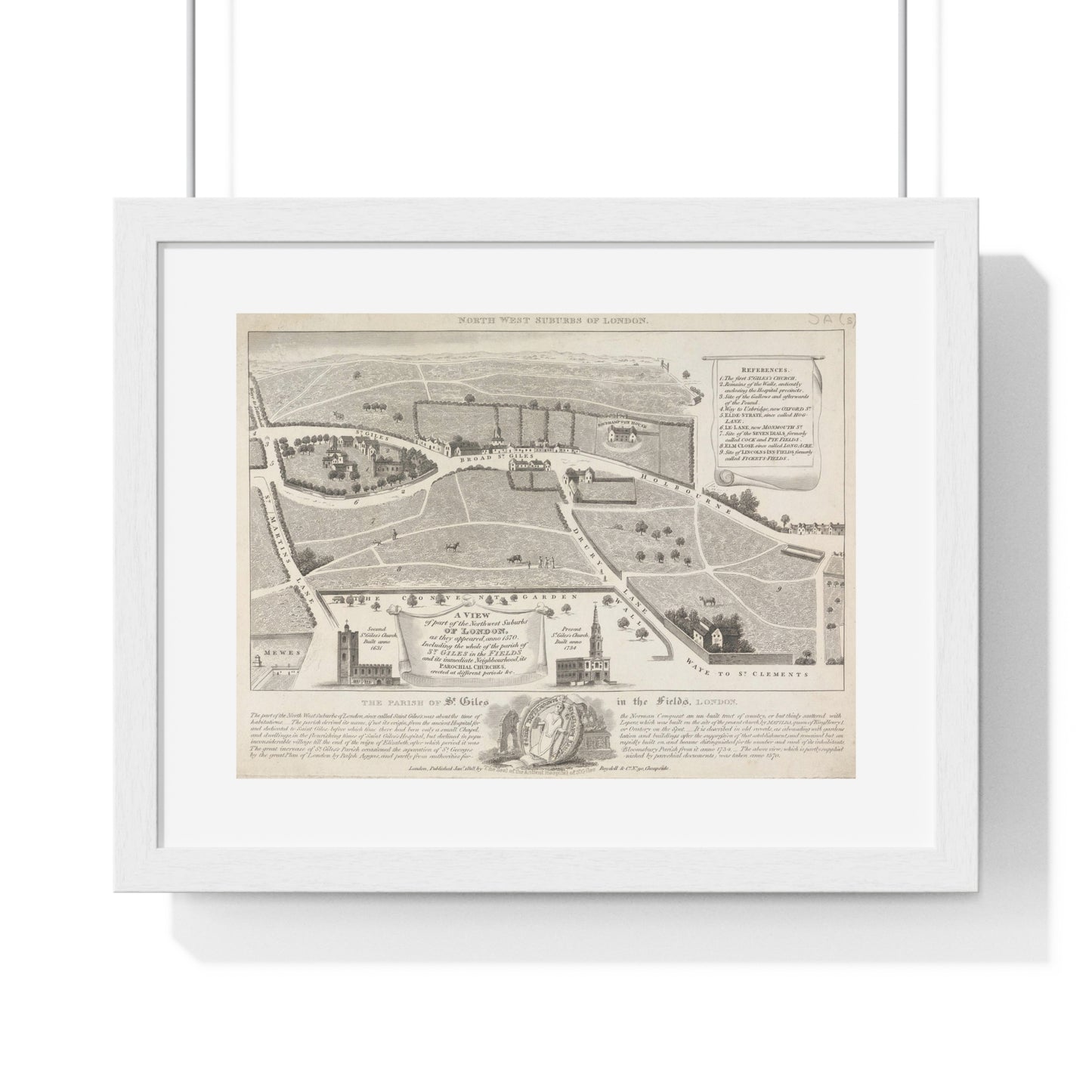 Antique Map of the Parish of St Giles in the Fields, London (1818), from the Original, Framed Art Print