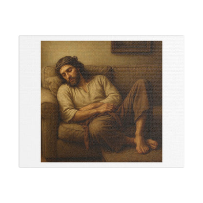 Jesus Christ Asleep on the Sofa 'Designed by AI', Art Print on Canvas