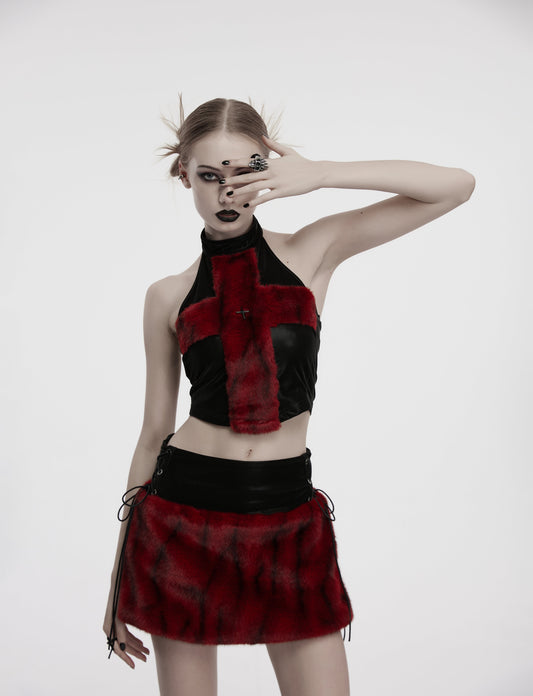 Punk Rave Valora Cross Fur Halter Top In Crimson