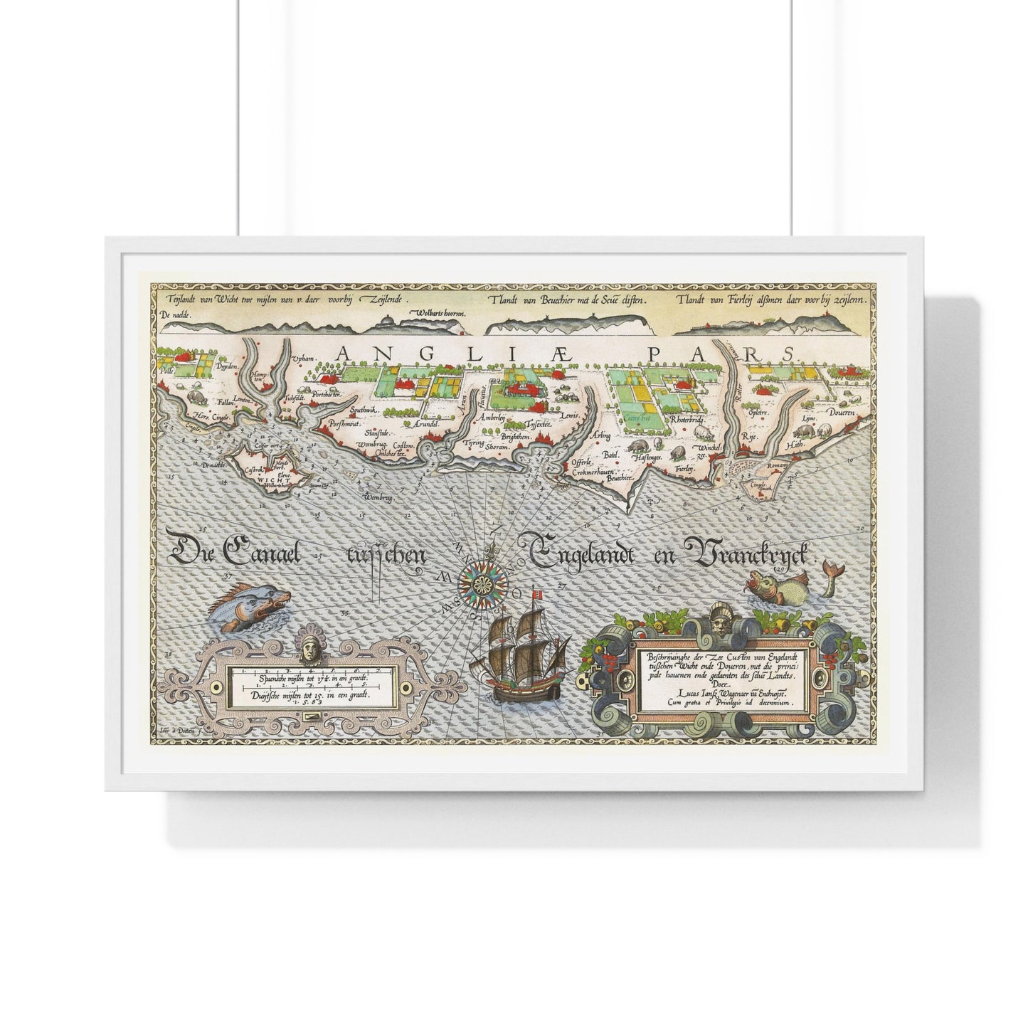 Antique Map of Hampshire and the Isle of Wight 'Kaart van de Zuidengelse Kust Tussen de Isle of Wight en Dover' by Joannes van Doetecum, from the Original, Framed Art Print