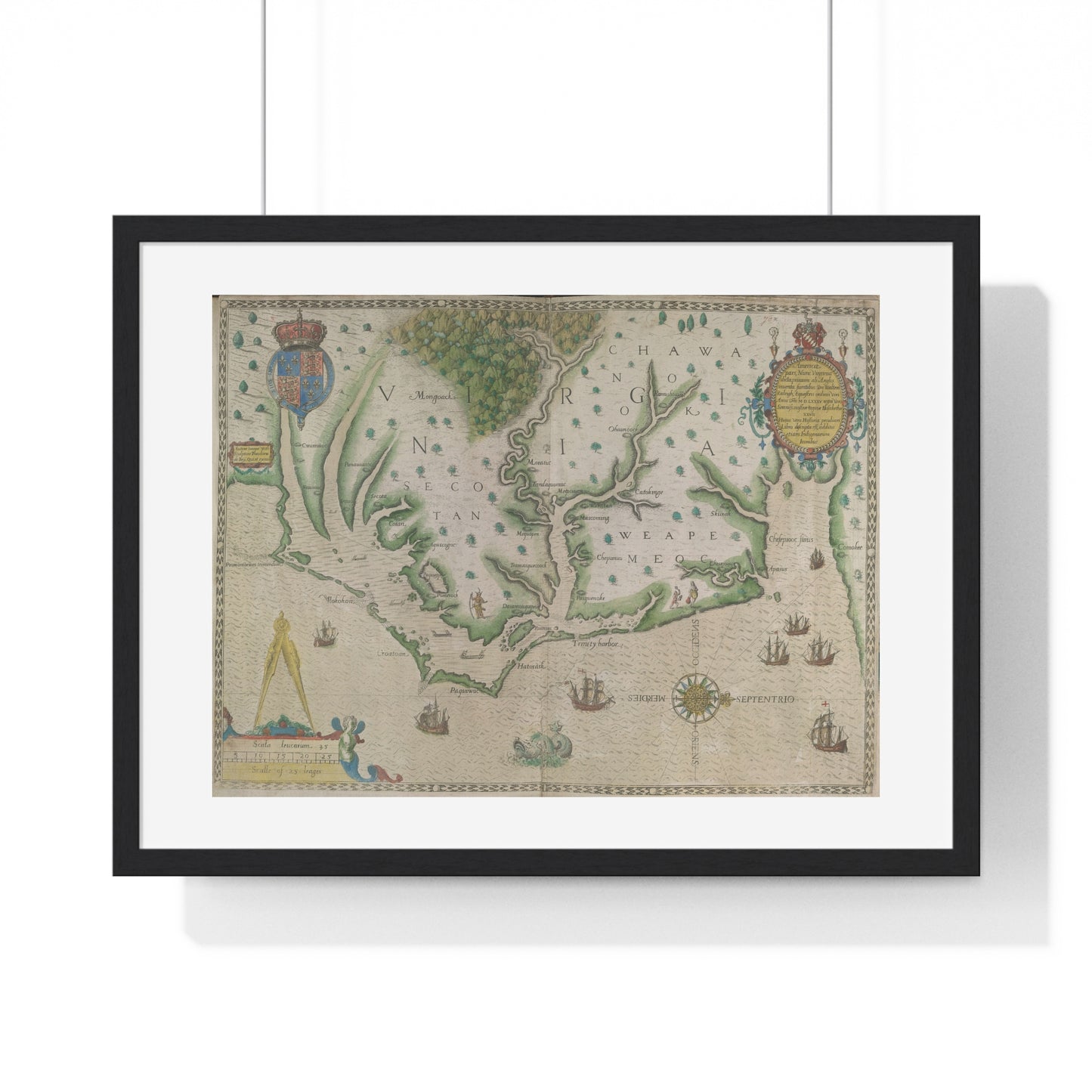 Engraved Map of Virginia (1618) Showing the Arrival of Sir Walter Raleigh's Expedition, from the Original, Framed Print