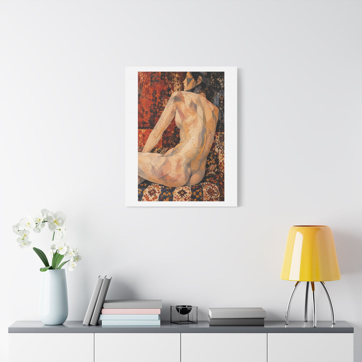 Abstract Mosaic Nude on Ornate Tapestry, Art Print on Satin Canvas, Stretched