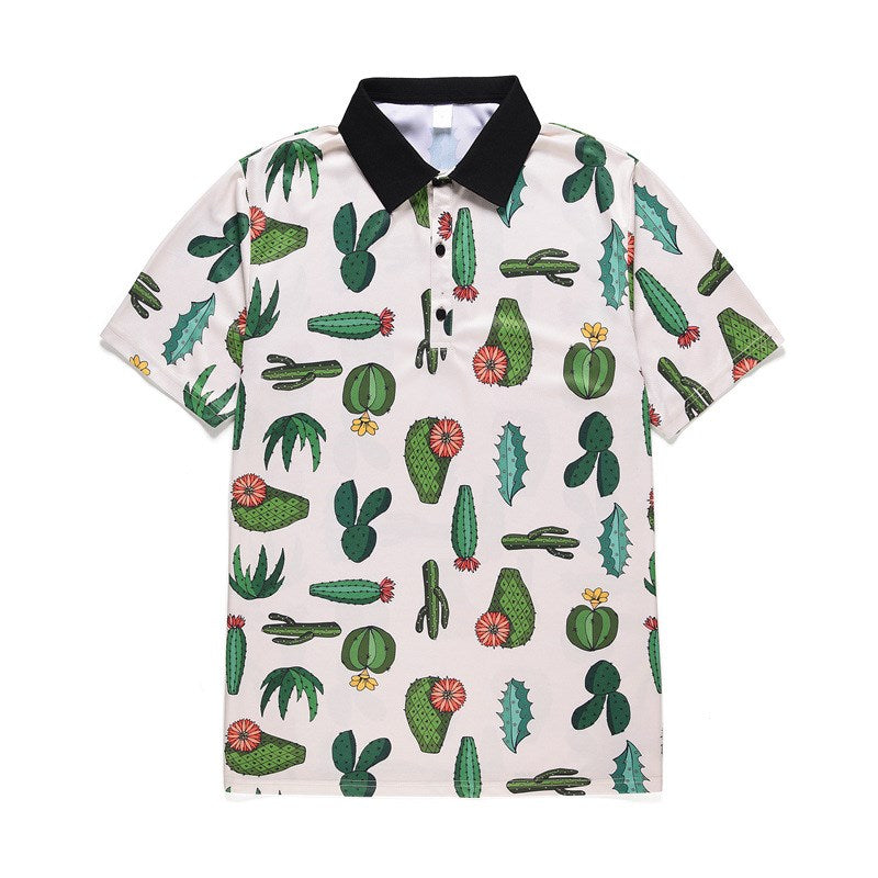 Printed Cactus Design Casual Sports Polo Shirt