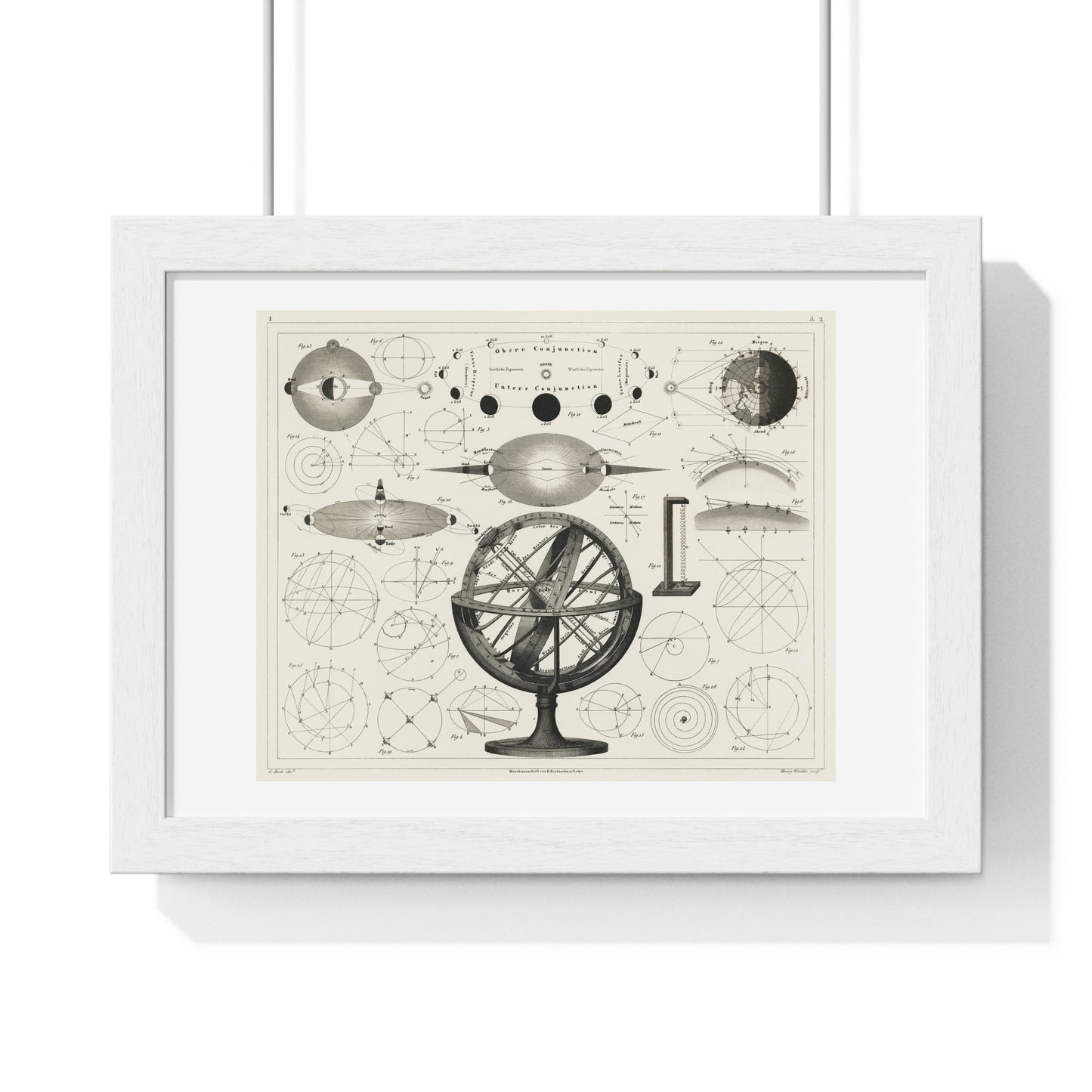 Bolder-Atlas by Brockhaus (1849) an Antique Drawing of Vintage Astrological Spheres and Charts, Framed Print from the Original