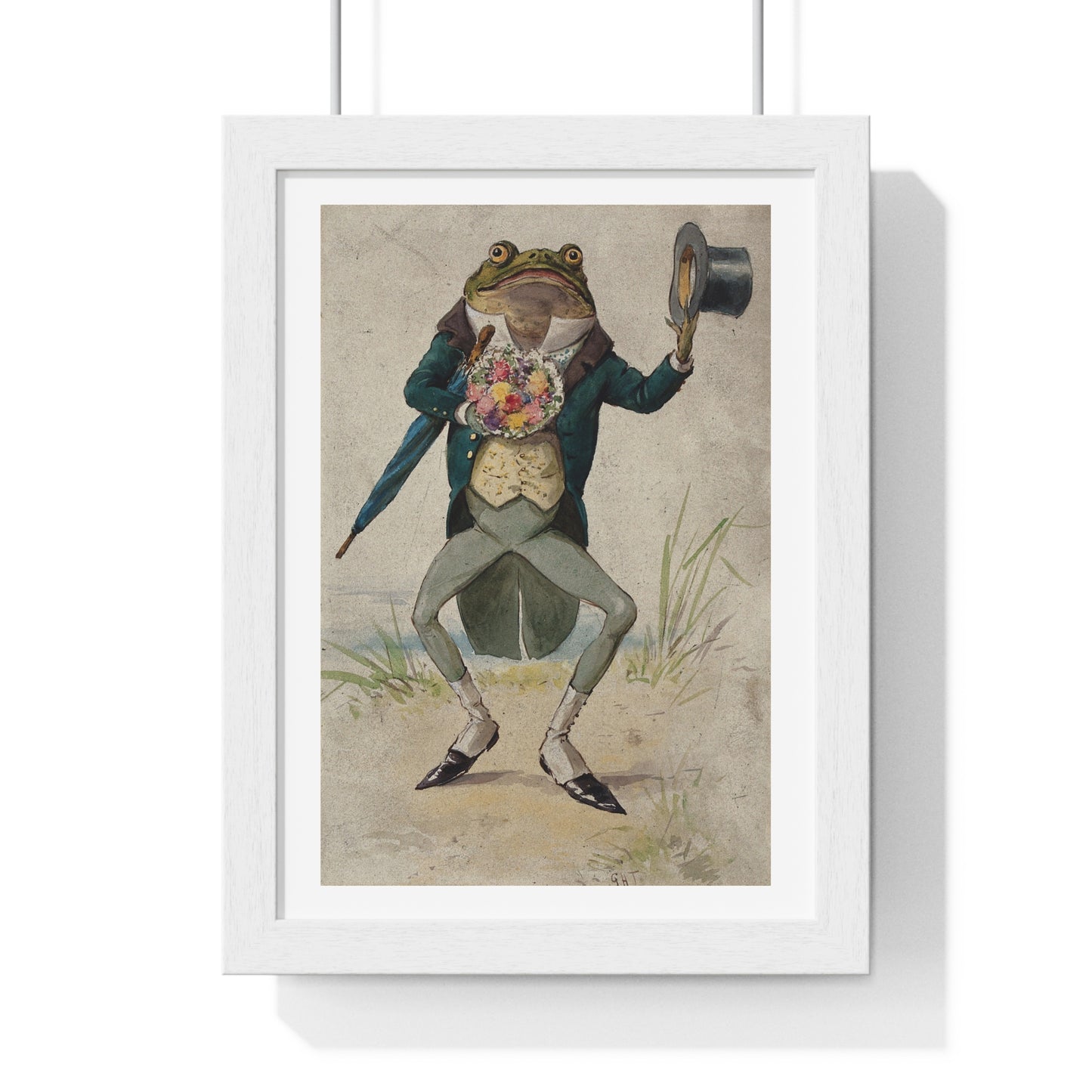A Toad in Morning Dress, Holding an Umbrella and a Bunch of Flowers, by G Hope Tait (1900) from the Original, Framed Print