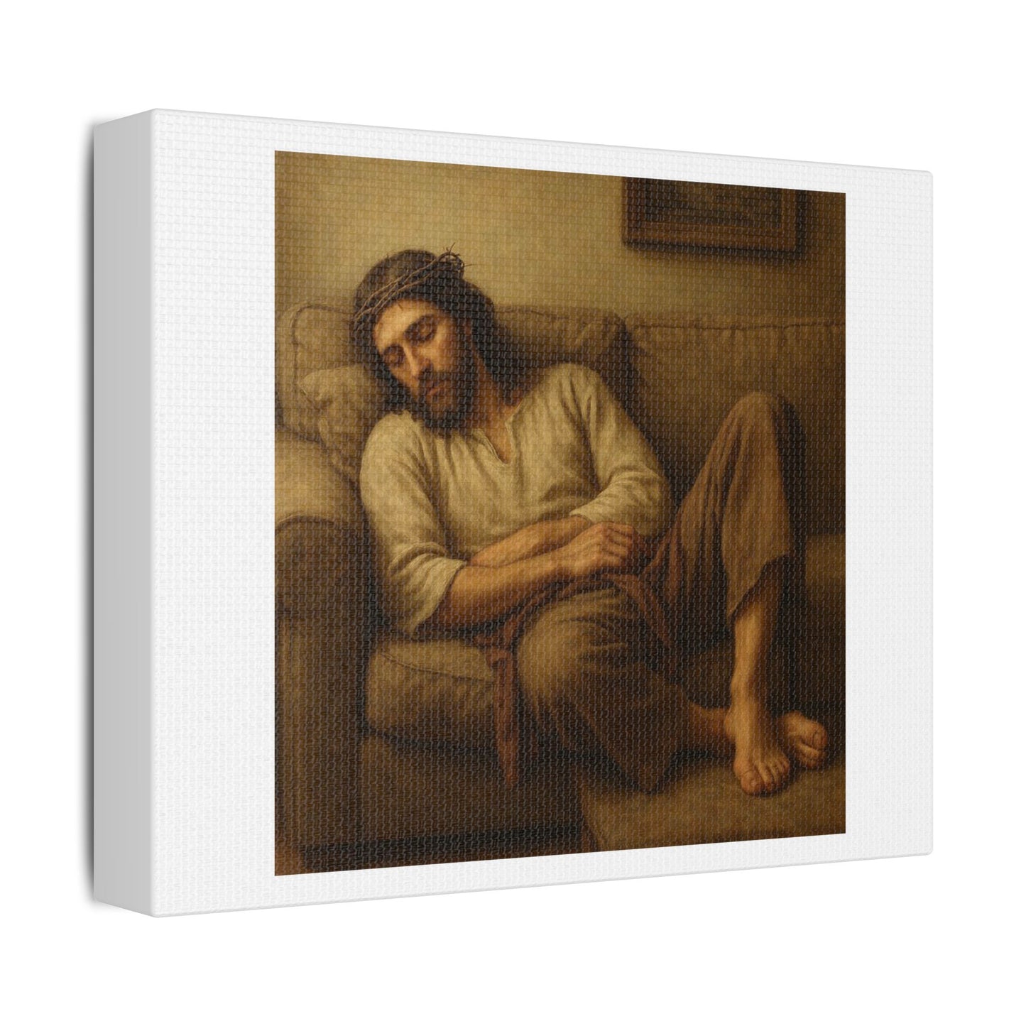 Jesus Christ Asleep on the Sofa 'Designed by AI', Art Print on Canvas