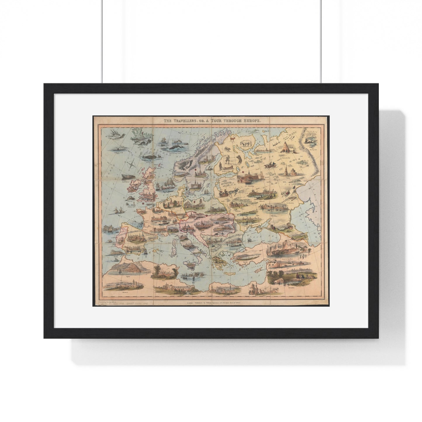 Map of the World 'The Travellers or a Tour Through Europe' (1842) by William Spooner, from the Original, Framed Art Print