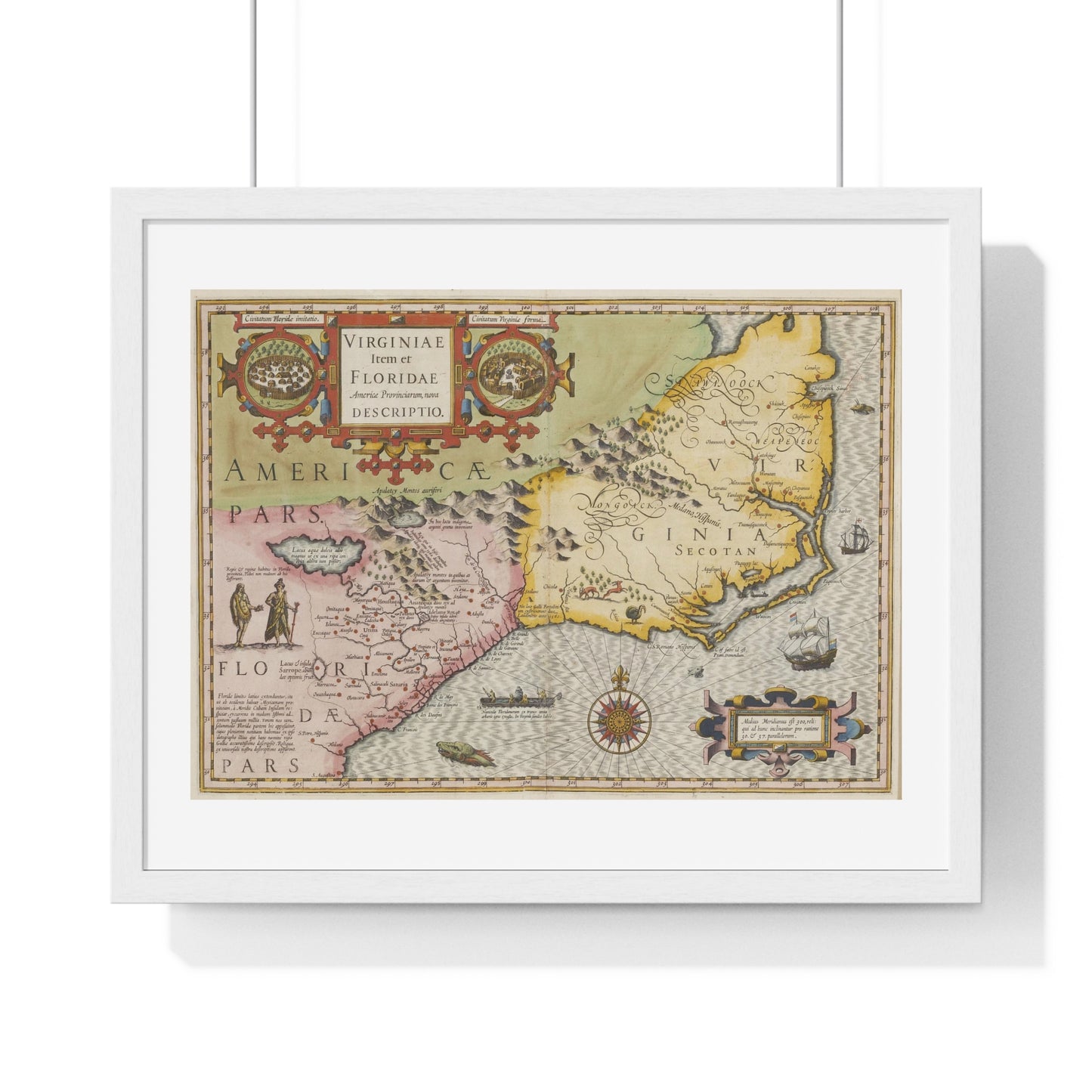 Historic Map of the American South: Virginia Item et Floridae (1606) by Gerardus Mercator and Jocodus Hondius, Framed Print