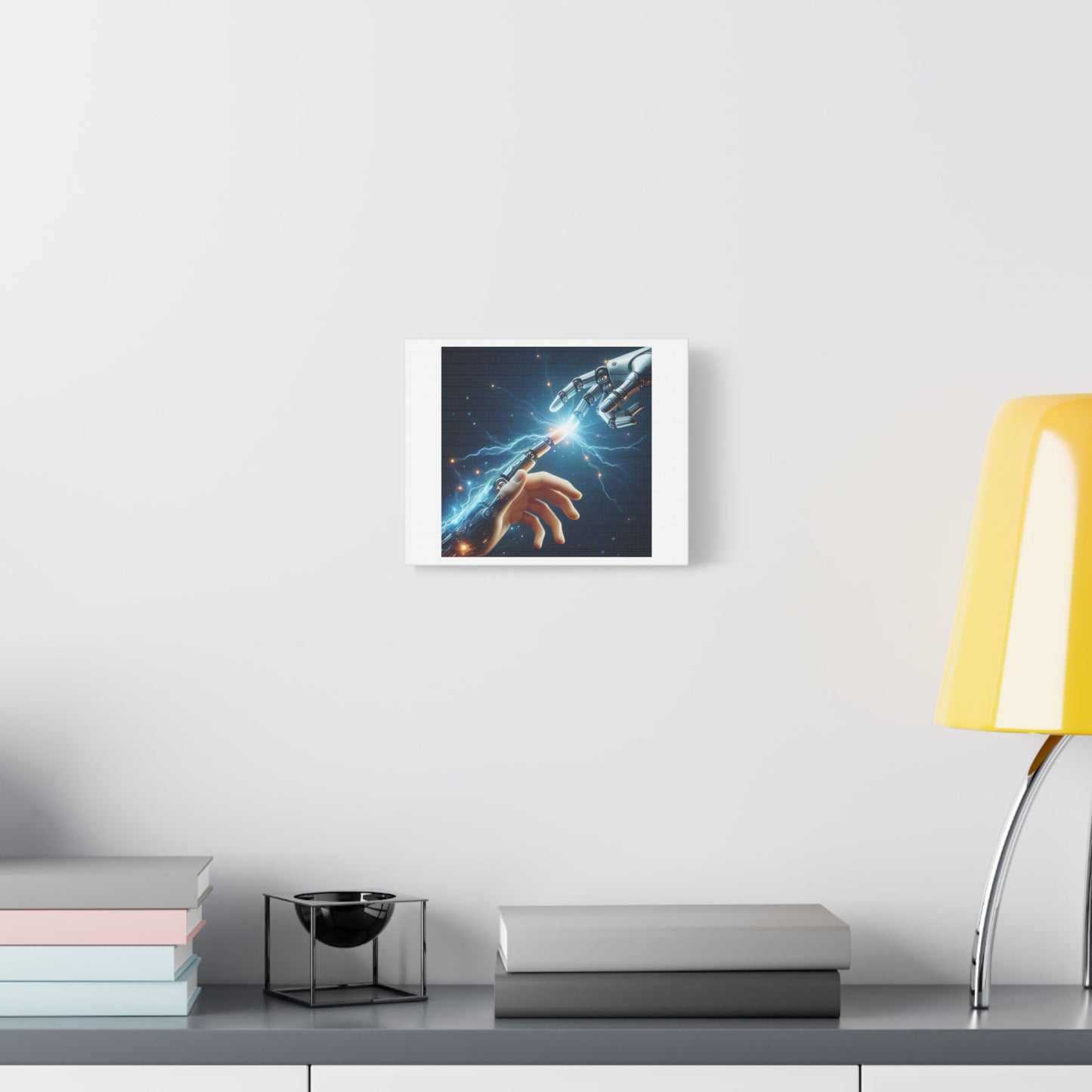 Robot and Human in Michelangelo's 'Creation of Adam' III, Art Print 'Designed by AI' on Canvas